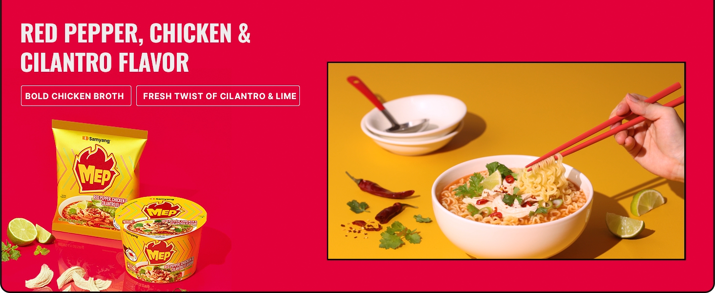 Samyang MEP Chicken Cilantro Ramen, Spicy Korean Instant Bowl Noodle Soup, Savory Bone Broth Ramyeon, Lime Freshness, 3.88 oz (Pack of 6 Bowls)
