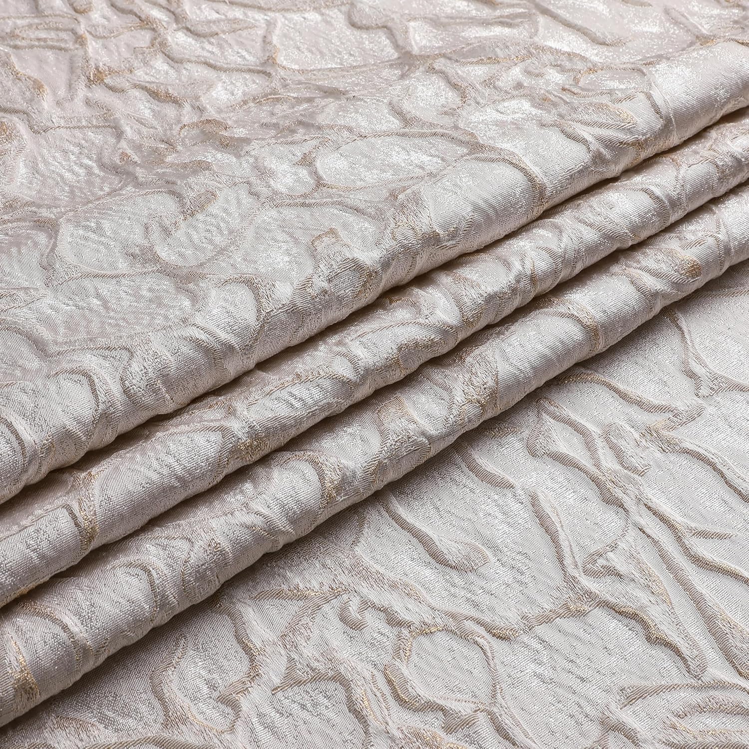 Majestic Giftware Premium Jacquard Cut Fabric (1377-116X180) | 116" Wide X 180" Length Fluffy - White Gold Cloth for Table Runner, Upholstery, Pillows & Window Treatment | Soft Washable Cloth for Home Fluffy - White Gold 116X180