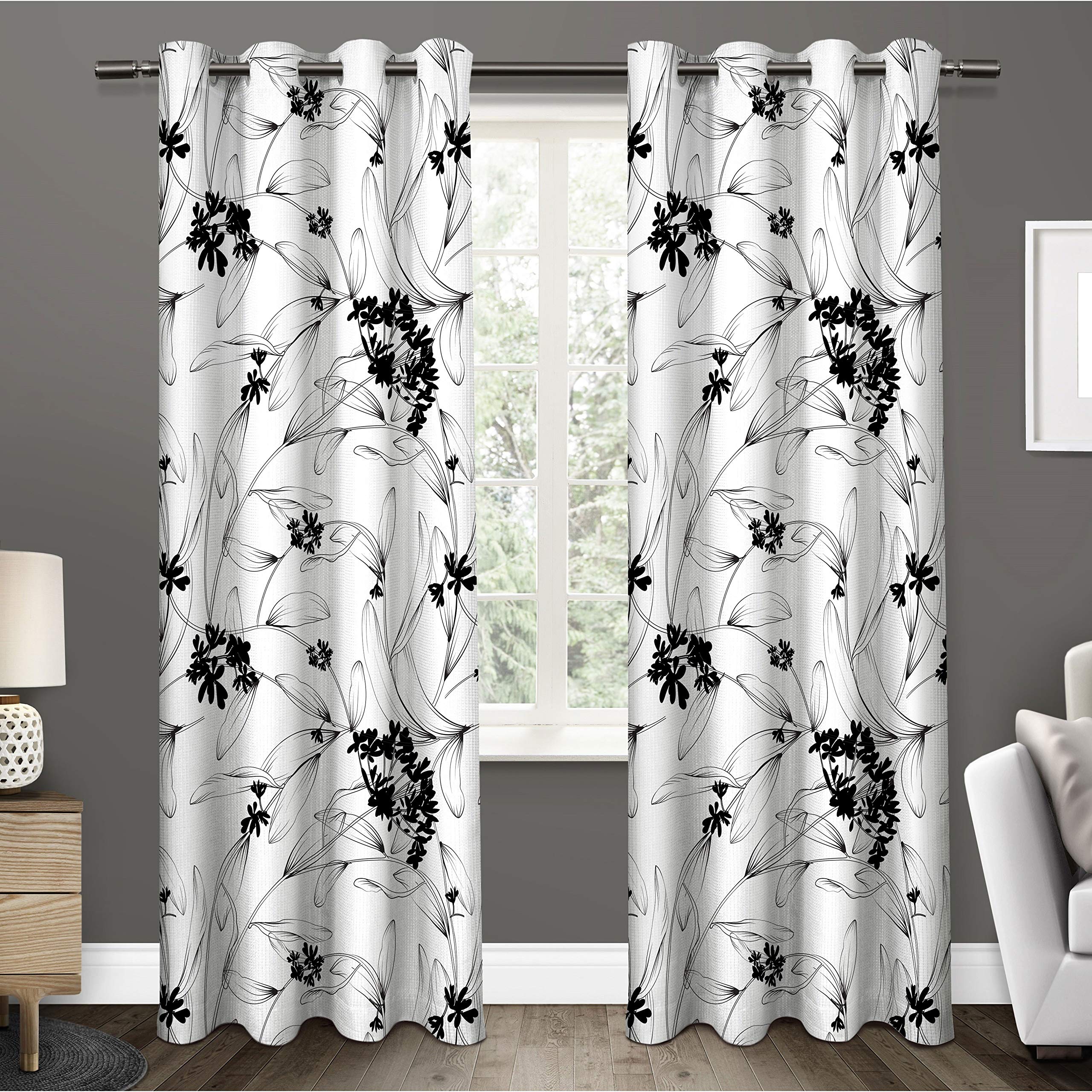UrbenQueen White and Black Flower Design 3D Digital Printed Polyester Eyelet 9 Feet Long Door Curtain Piece of 1