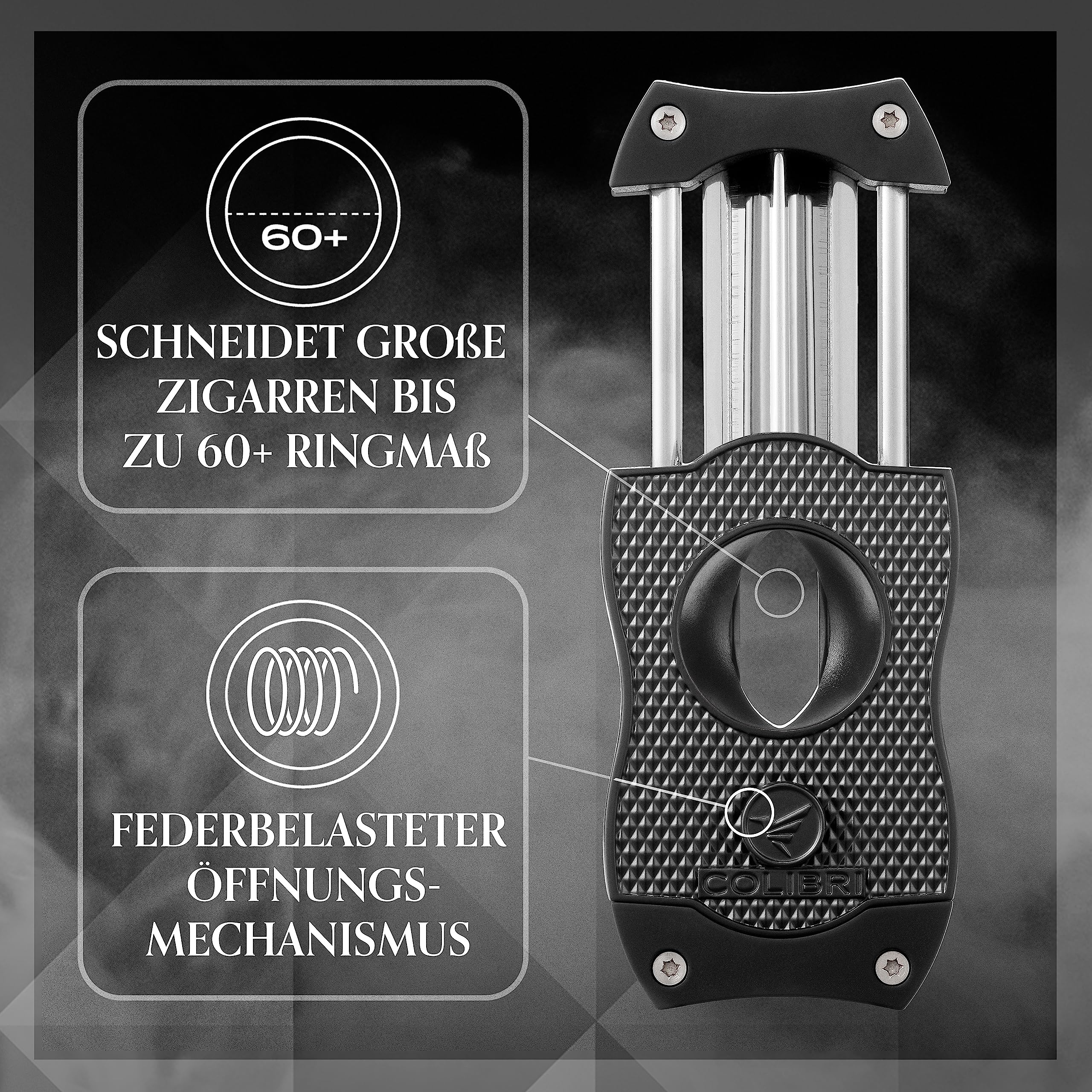 Colibri V-Cut Zigarrenschneider - Diamanten-Muster - Tiefer 7mm V-Schnitt - Bis zu 60+ Ringmaß Zigarren - Ergonomisches Design - Federbelasteter Auslösemechanismus - Inklusive Geschenkbox