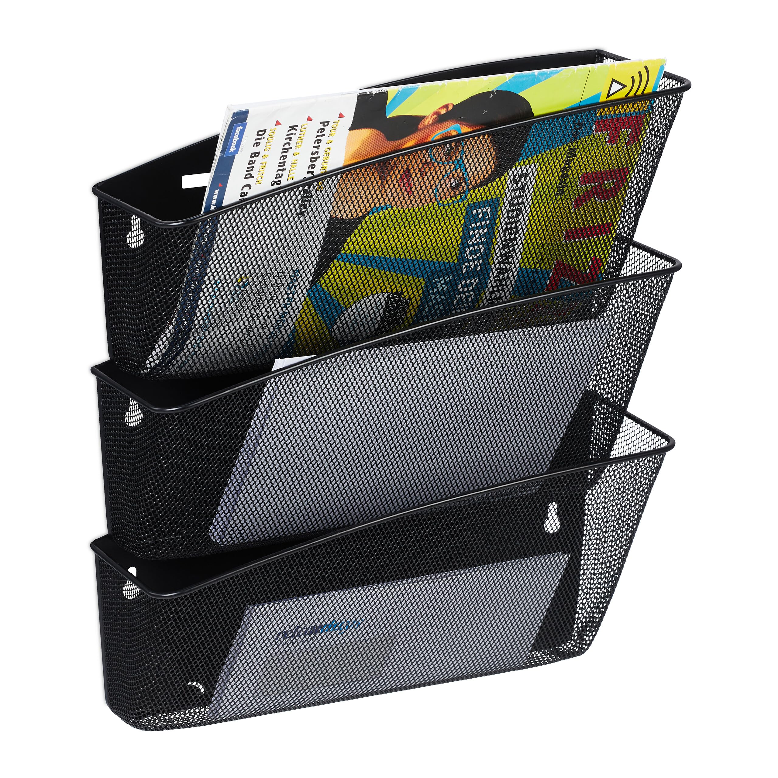 Relaxdays Zeitschriftenhalter Wand, 3er Set, Zeitungsablage, Wandfächer, HBT 39x36x12 cm, Magazinhalter, Metall, schwarz