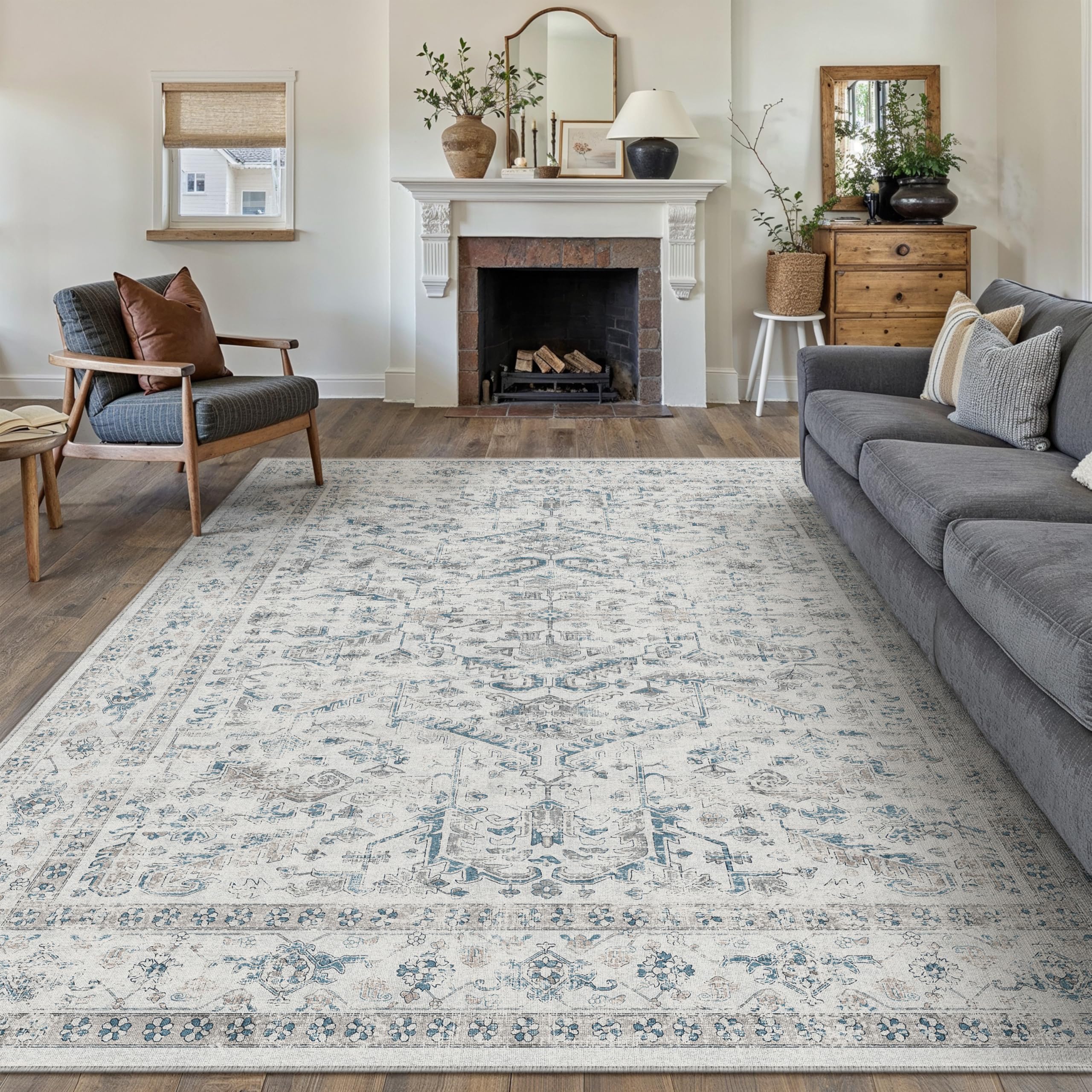 PureCozy Vintage Washable Blue Rugs Living Room Area Rug 200x300cm Bedroom Large Non Slip Soft Carpet Kitchen Bedroom Dining Room Office Indoor Low Pile Carpets