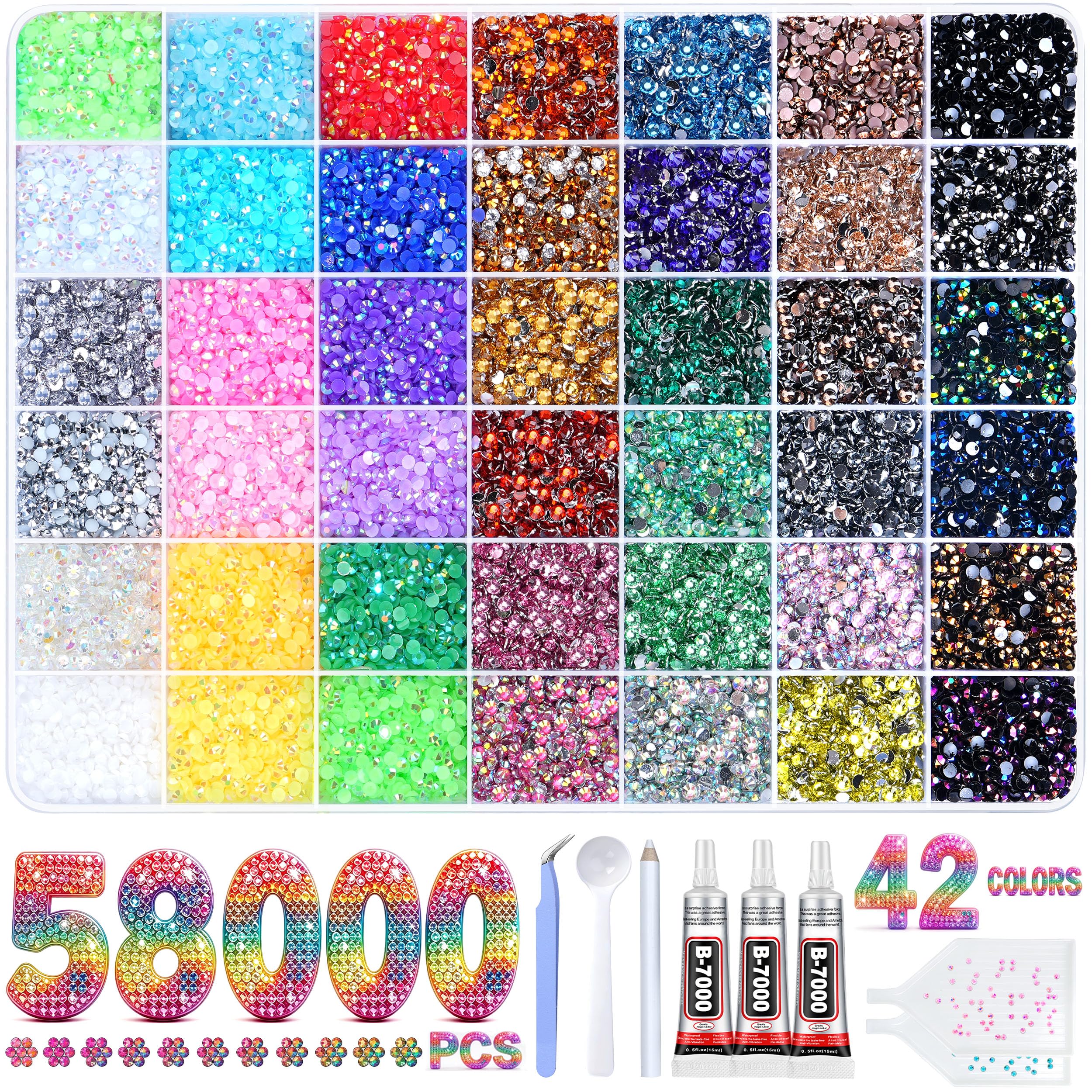 58000Pcs 42 Colors Jelly Rhinestones for Bedazzling, Resin Multicolor 3mm Flatback Gems for Crafting, Bedazzler Kit with 3Pcs 15ml B7000 Jewelry Glue for Crafts Clothes Book Shoes Nail Diamond Art
