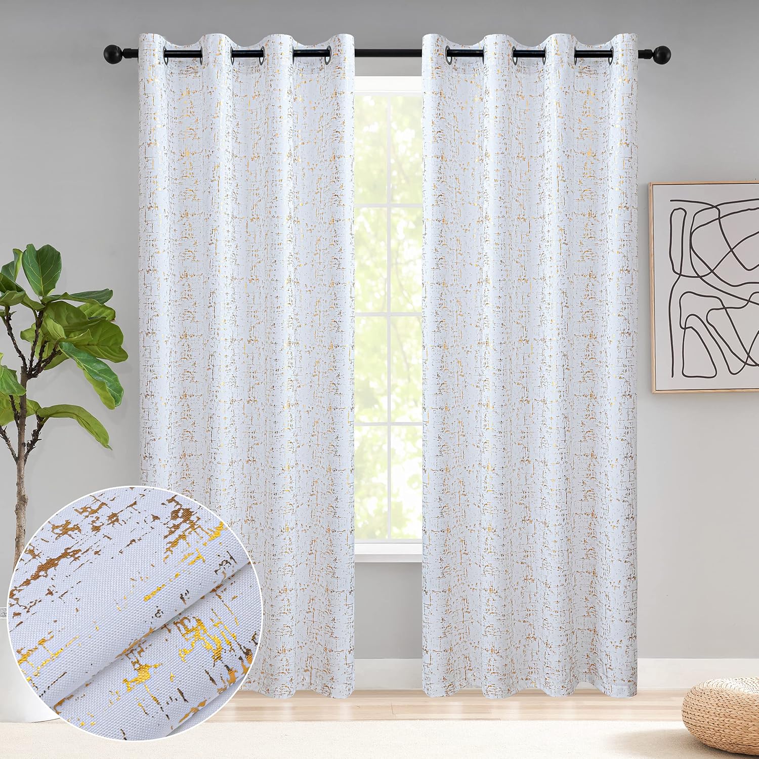 Taisier Home Gold Foil Print Linen Textured Curtains