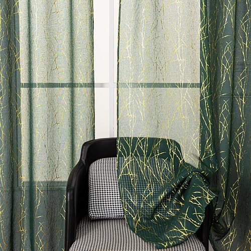 Sutuo Home Sheer Curtains 63 Inch Length 2 Panels Set, Gold Foil Print Metallic 