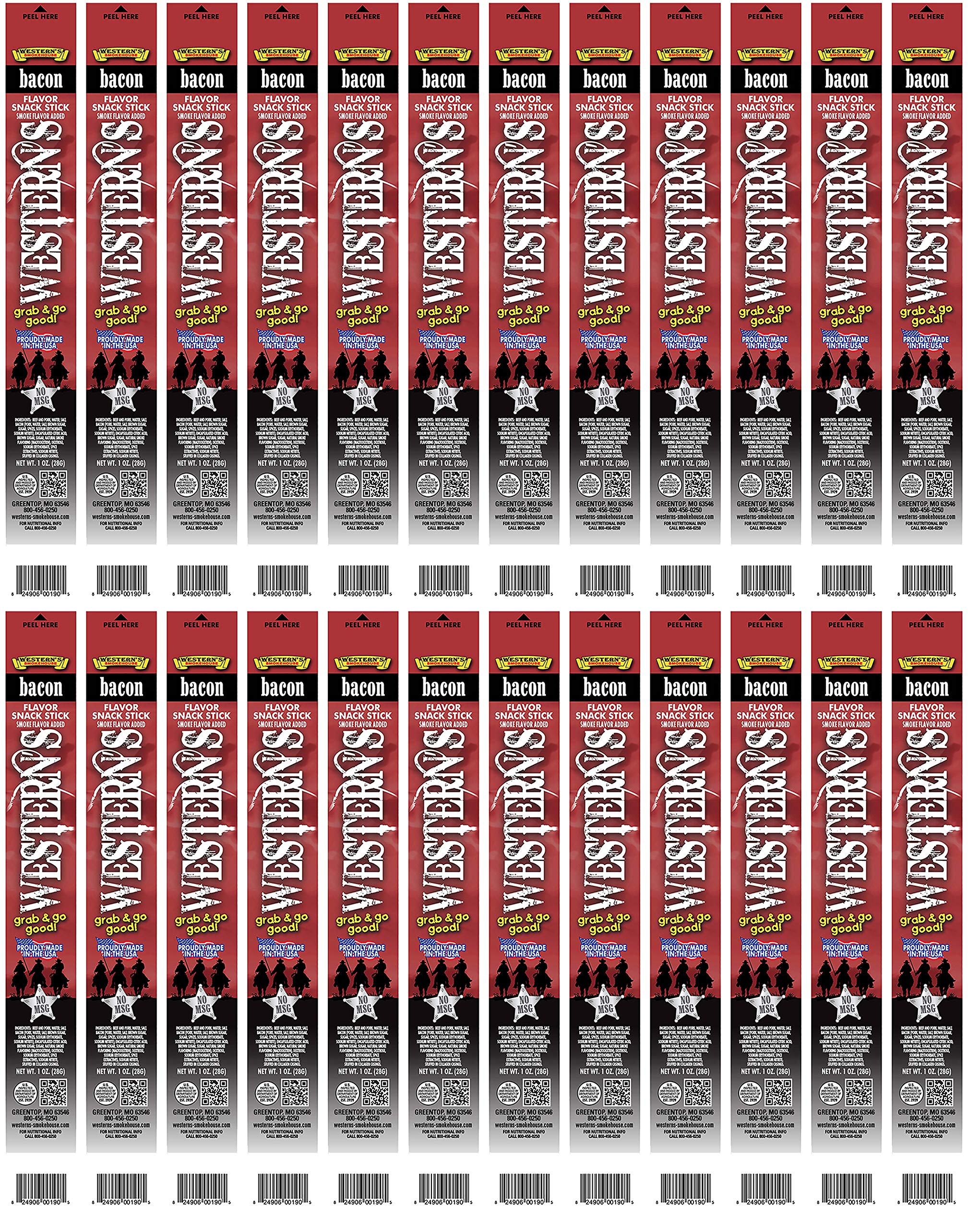 Western's Smokehouse Jerky Meat Sticks Pack of 24 - Pork and Beef Jerky Sticks - Proudly Made in the USA (Hickory Smoked Bacon)