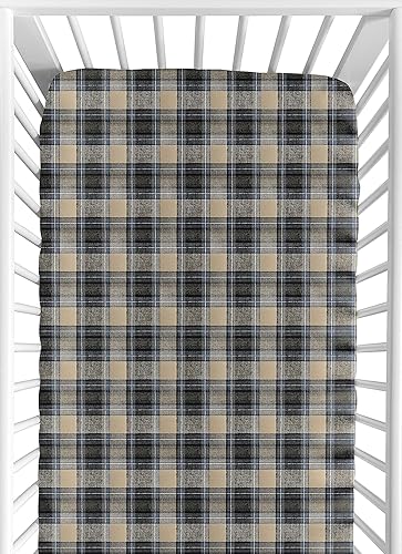 Sweet Jojo Designs Sábana bajera ajustable para cuna de franela a cuadros azul y tostado para la colección de parches rústicos para bebé o niño