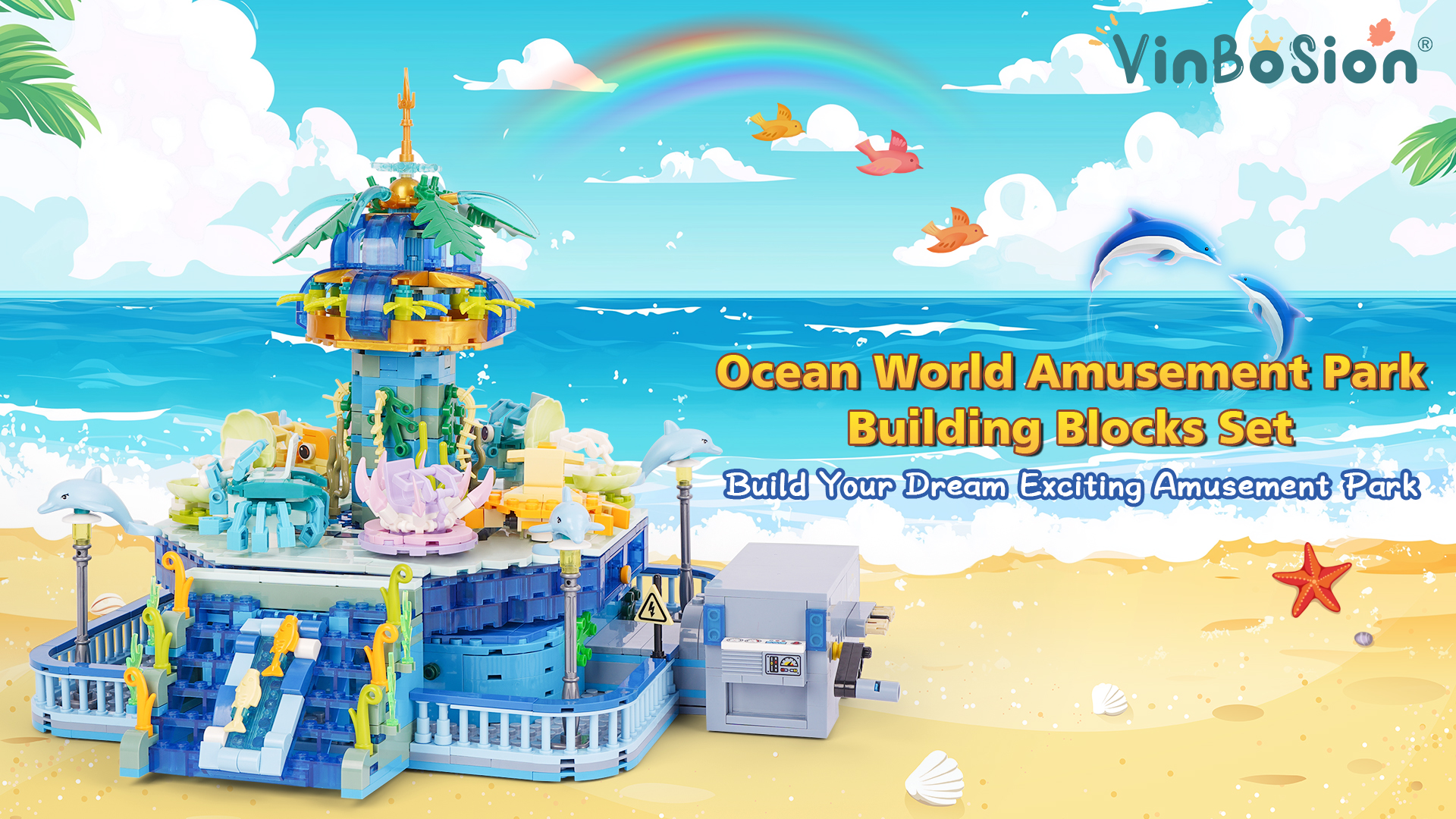 Set Blocchi Costruzione Parco Divertimenti Ocean World, 1396 Pezzi, Modello Rotante Con Animali Marini, Regalo Per Bambini E Adulti