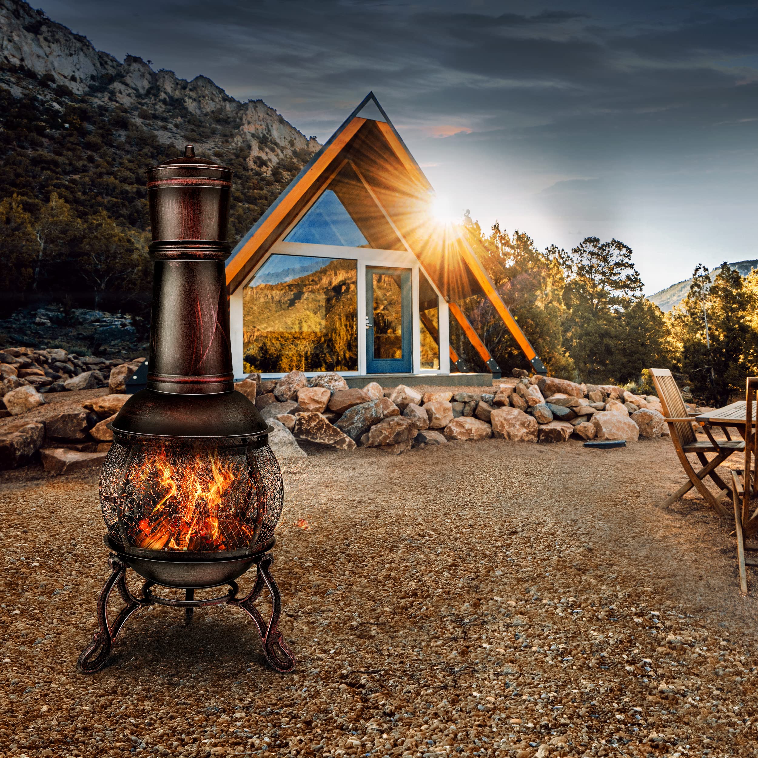 tillvex Cheminée de terrasse extérieure avec Grill | Brasero Mexicain avec Pare-étincelles | Chauffage de Jardin avec Housse | Poêle à Bois | Tisonnier + Grille, BBQ + Accessoires XXL