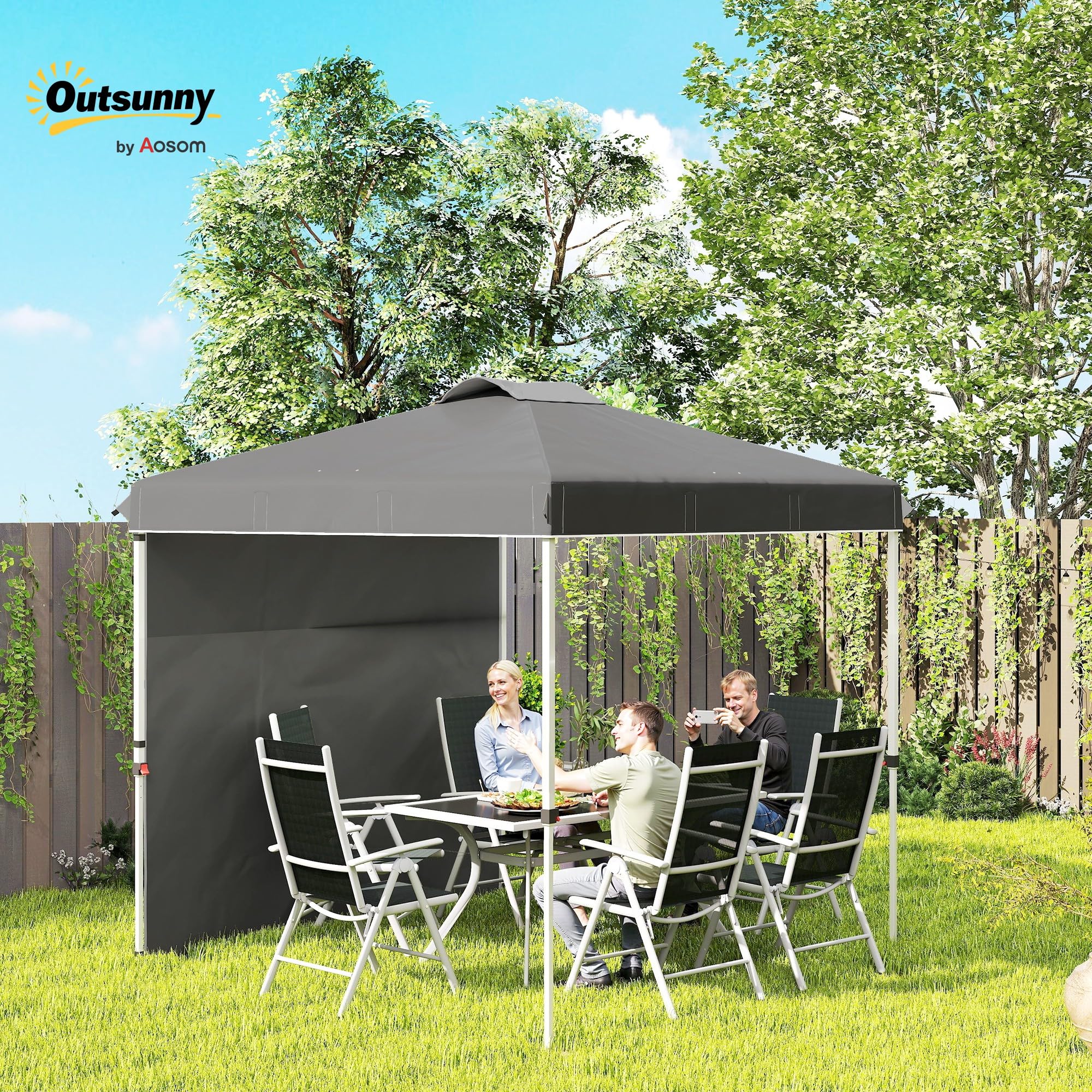 Outsunny Tenda pieghevole 2,5x2,5 m Gazebo da giardino con 1 parete laterale regolabile in altezza in 3 livelli Anti-UV impermeabile e sacchetto di sabbia Gazebo per campeggio all'aperto feste Grigio