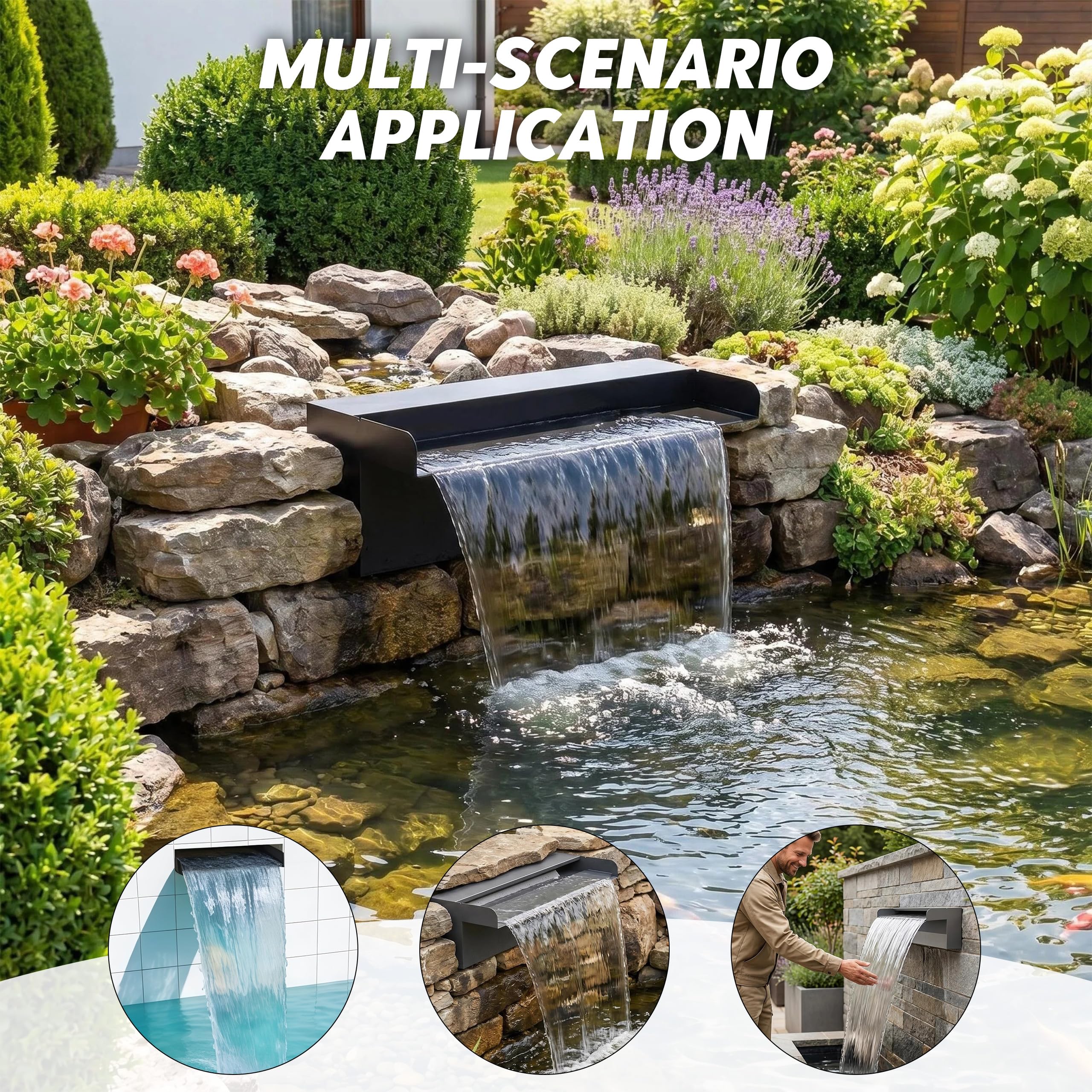 Set Cascata per Laghetto Esterno 30 cm in Acciaio Inossidabile con con Pompa da 60 W 3200 L/h Catena Luminosa LED telecomandata con Cambio di Colore Fontana per Piscina per Giardino Patio e Terrazza