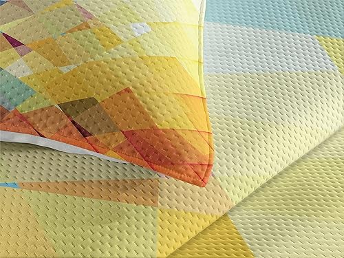 Miniatura 3 de Lunarable Colcha amarilla y azul, patrón degradado en cuadros factales con forma de mosaico roto artístico moderno, juego de colcha acolchada