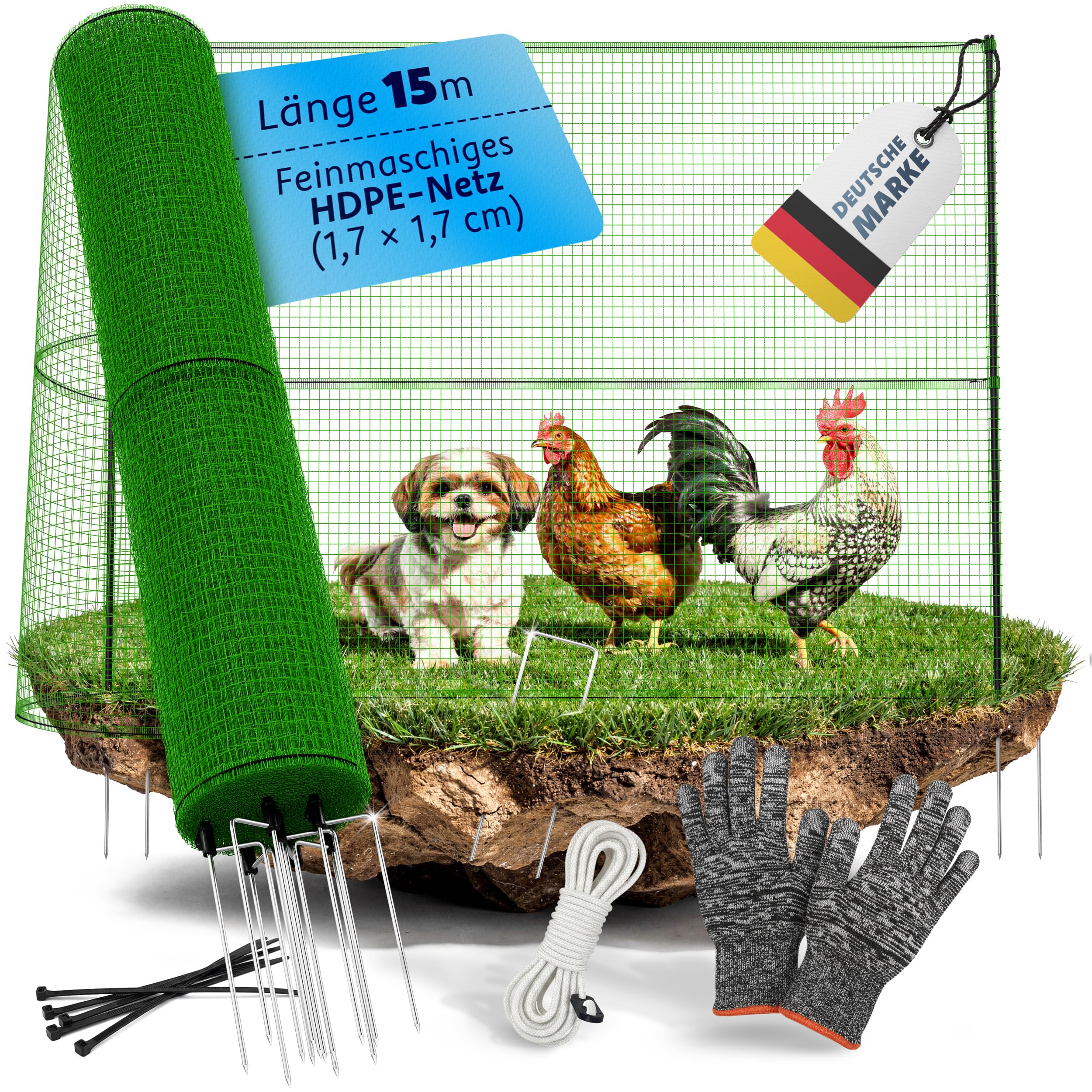 Mobiler Steckzaun 15m x 90cm – Hundezaun, Hühnerzaun, sofort startklar | Kleintiere & Geflügel – Double-Spike – Komplettset inkl. Zubehör – Begrenzungszaun Gartenzaun, Camping & Urlaub – Stromfrei