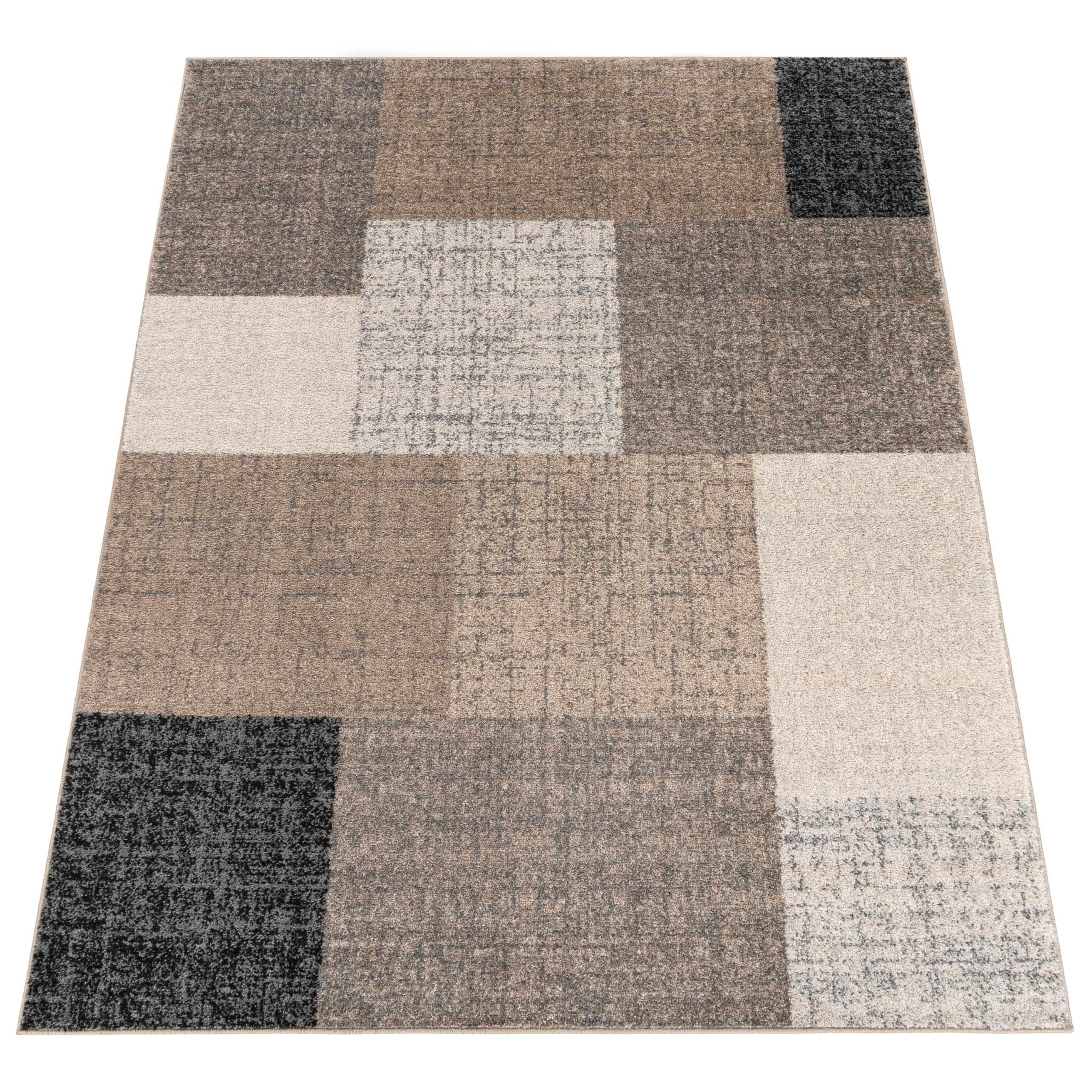 Paco Home Tapis Moderne à Carreaux Poils Courts Moucheté Brun Crème, Dimension:140x200 cm
