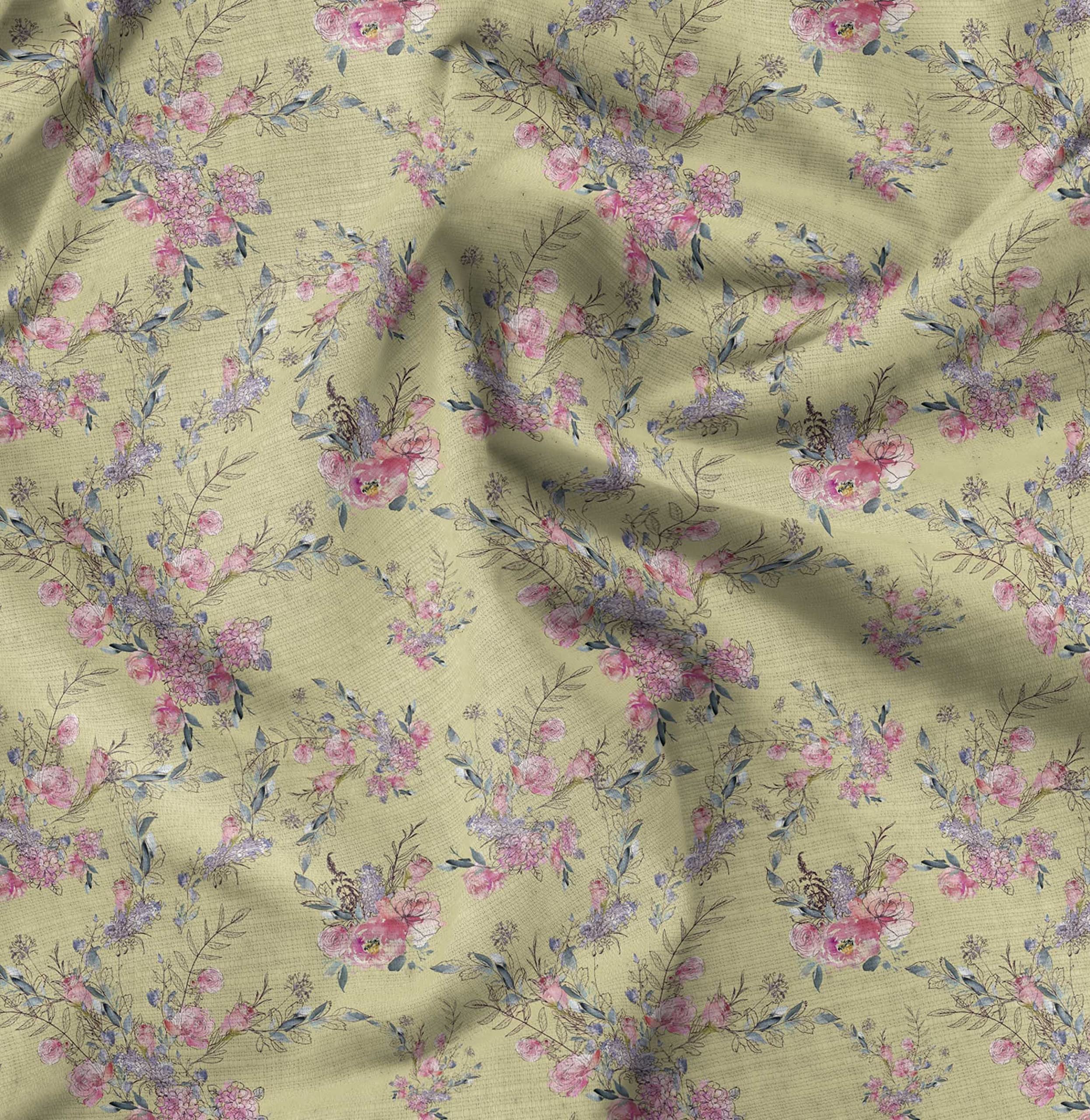 SoimoiSoimoi Beige Silk Fabric Roses & Ranunculus Floral Print Fabric by the Yard 44 Inch Wide