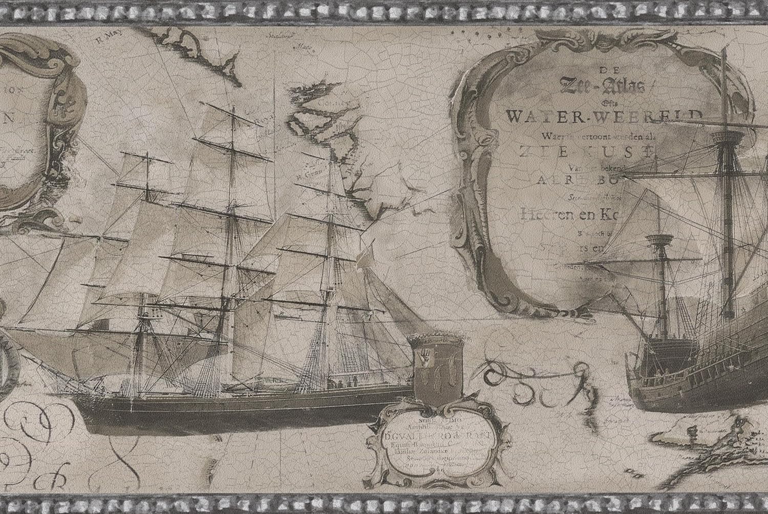 Sailboats Frigate Vintage Cracked Black and White Wallpaper Border Retro Design, Roll 15' x 7''