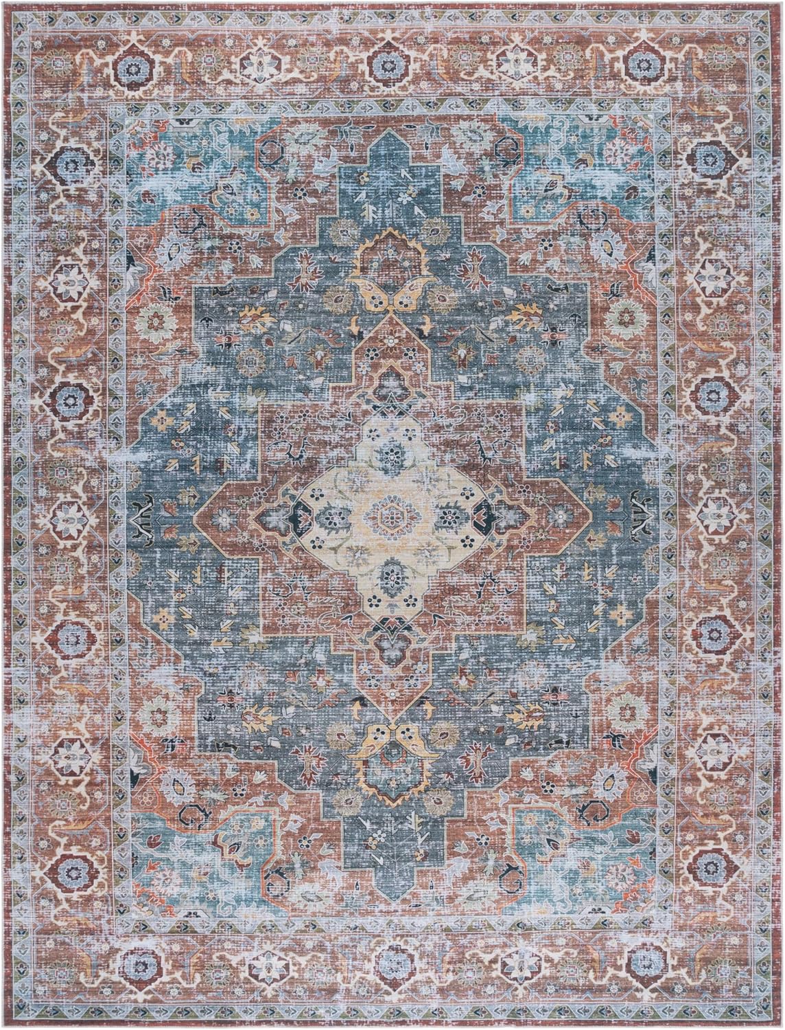 Safavieh Washable Rug Arizona Collection - 8' x 10', Rust & Blue Green, Slip Resistant & Easy to Clean, Ideal for Living Room, Bedroom, Home Office, Dining Space (ARZ126R)