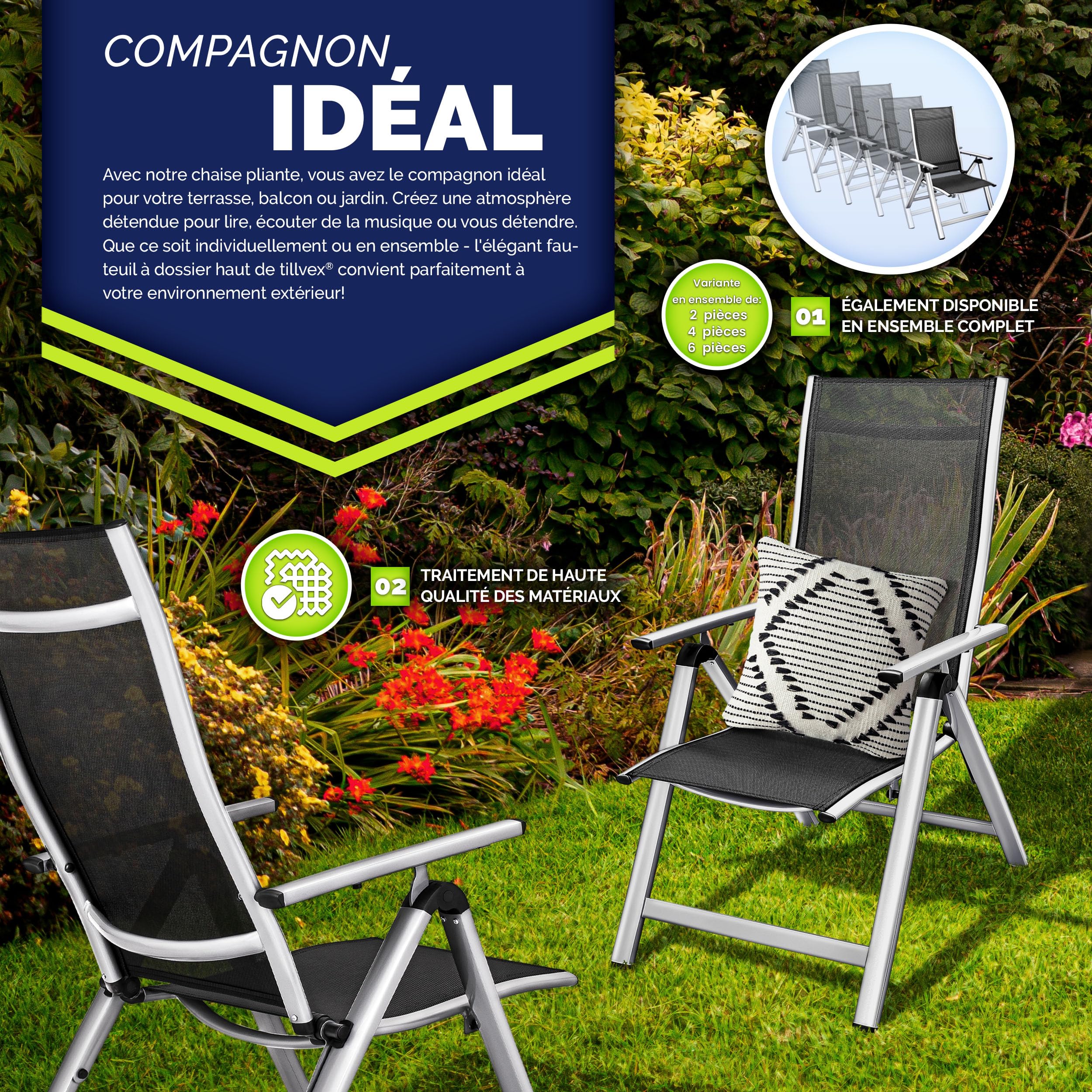tillvex® Lot de 2 chaises de jardin à dossier haut, pliables, avec