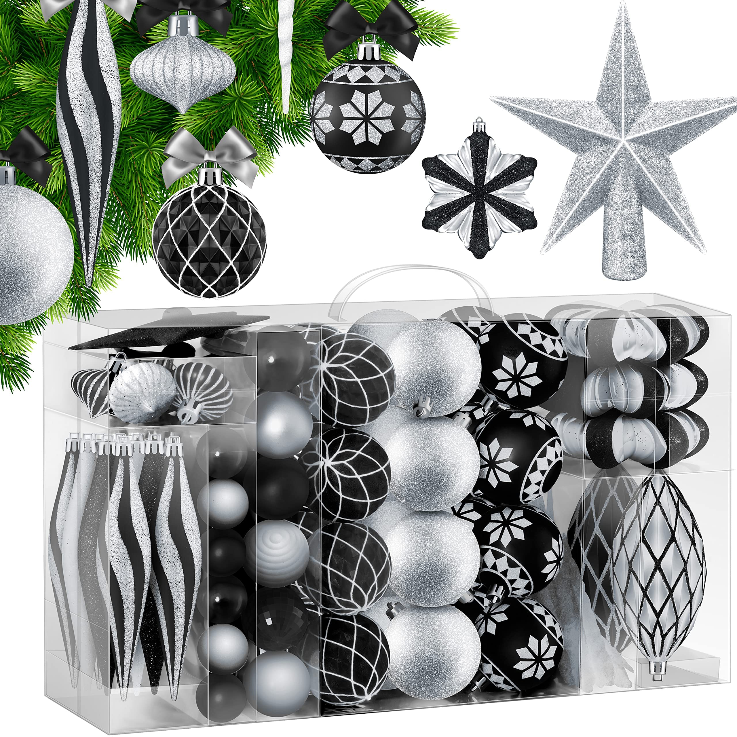 KESSER® Juego de 135 bolas de Navidad con punta de árbol de Navidad de plástico irrompibles con bolas de plástico para árbol de Navidad y decoración, color negro y plateado