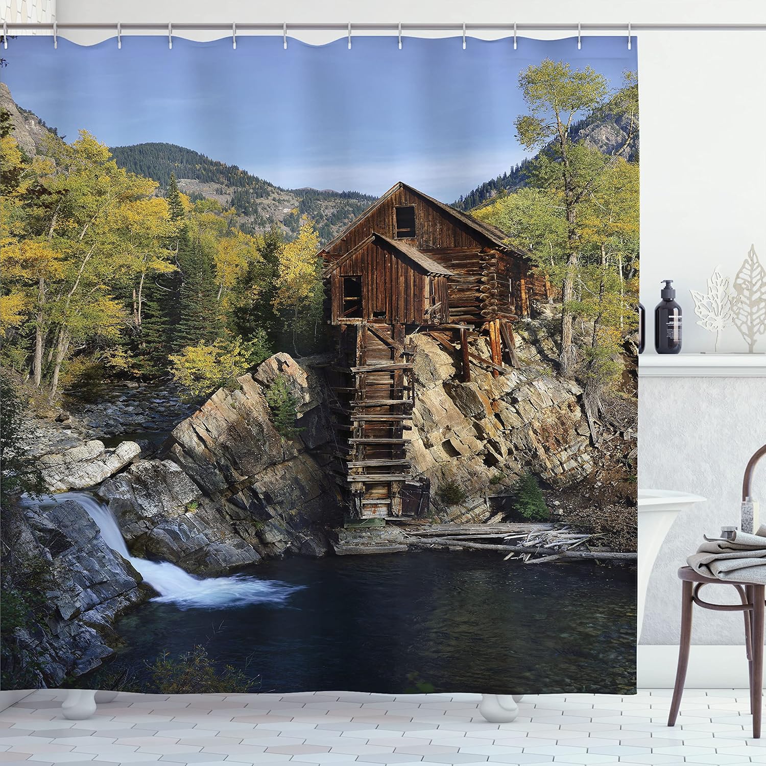 Ambesonne Landscape Shower Curtain, Weathered Wooden Cabin in The Woods on River Waterfall Mill Mountain Pines Print, Cloth Fabric Bathroom Decor Set with Hooks, 69" W x 75" L, Green Grey