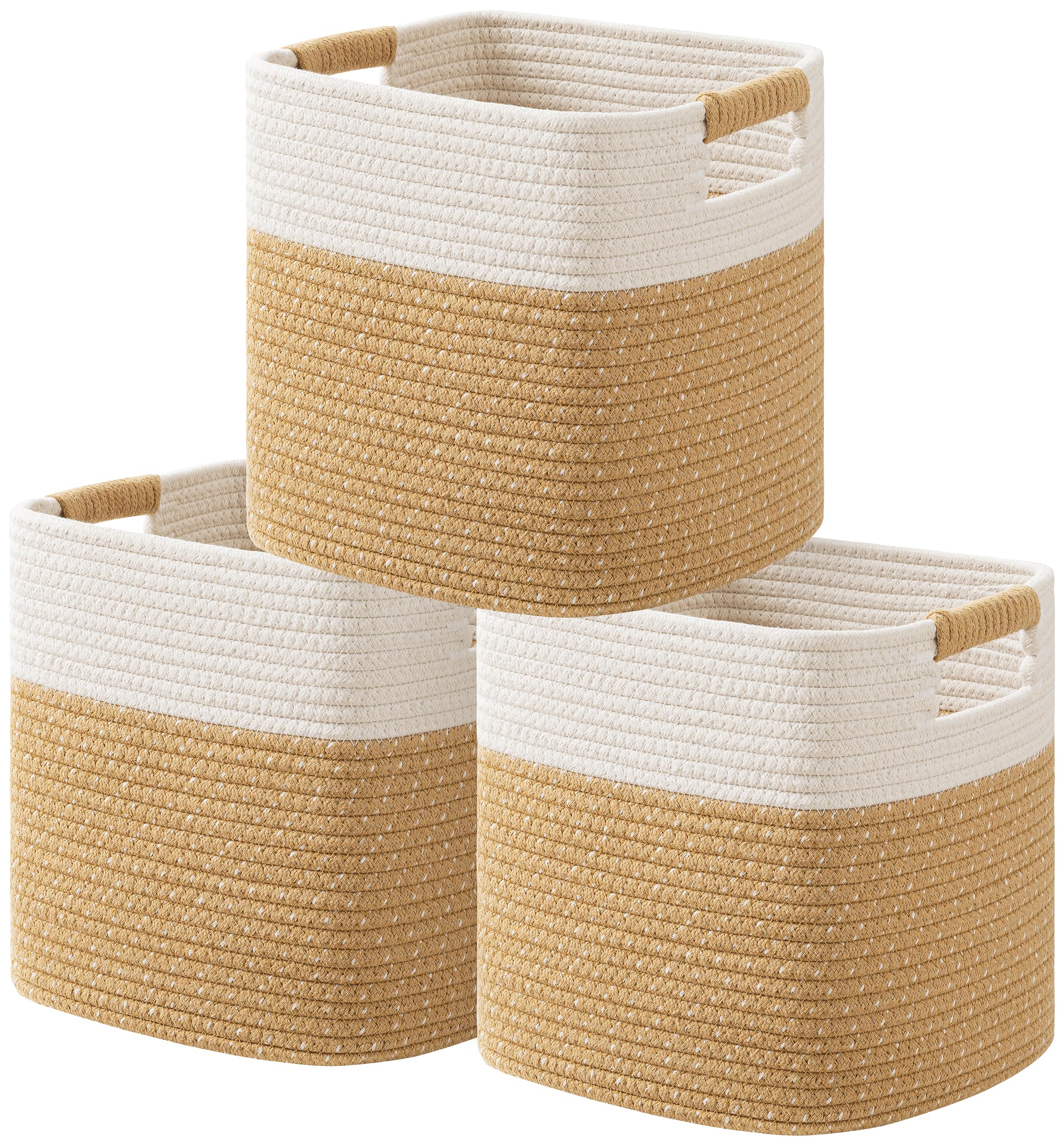 UBBCARE 3 Pack Cube Storage Bins, Storage Basket with Handles, Cotton Rope Basket for Shelves, Shelves, Toys, Book, Yellow Woven Storage Basket for Organizing, (11" X 10.5" X 10.5")