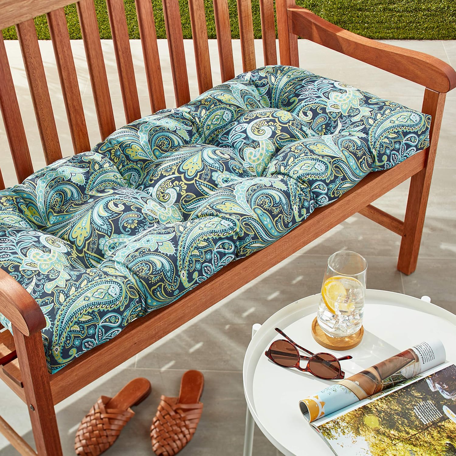 Pillow Perfect Paisley Indoor/Outdoor Sofa Setee Swing Cushion, Tufted, Weather, and Fade Resistant, 19" x 44", Blue/Green Pretty,