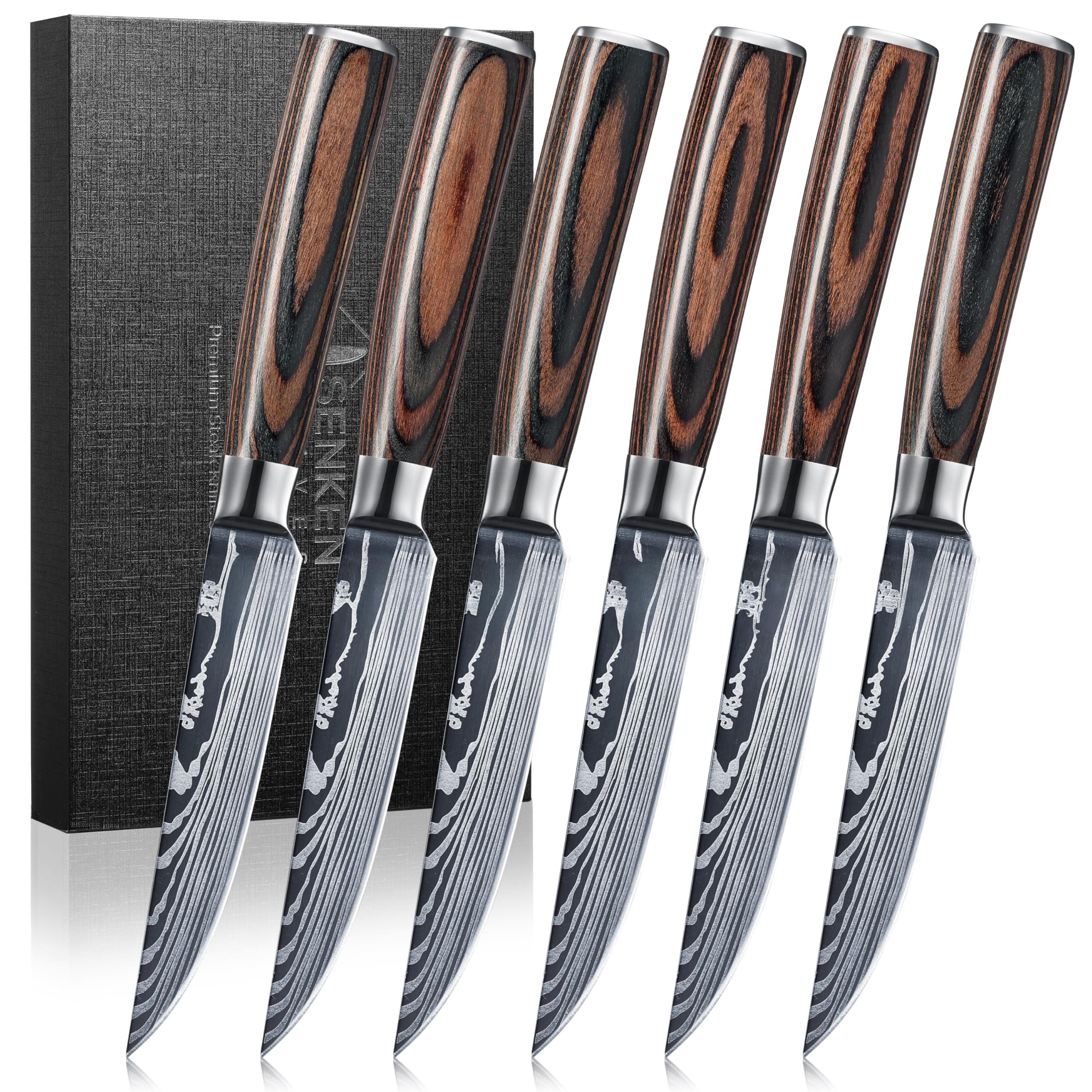SENKEN Non-Serrated Steak Knife Set with Damascus Pattern - Razor Sharp Straight Edge Blade, Stainless Steel & Wood Handle (Steak Knives Set of 6)