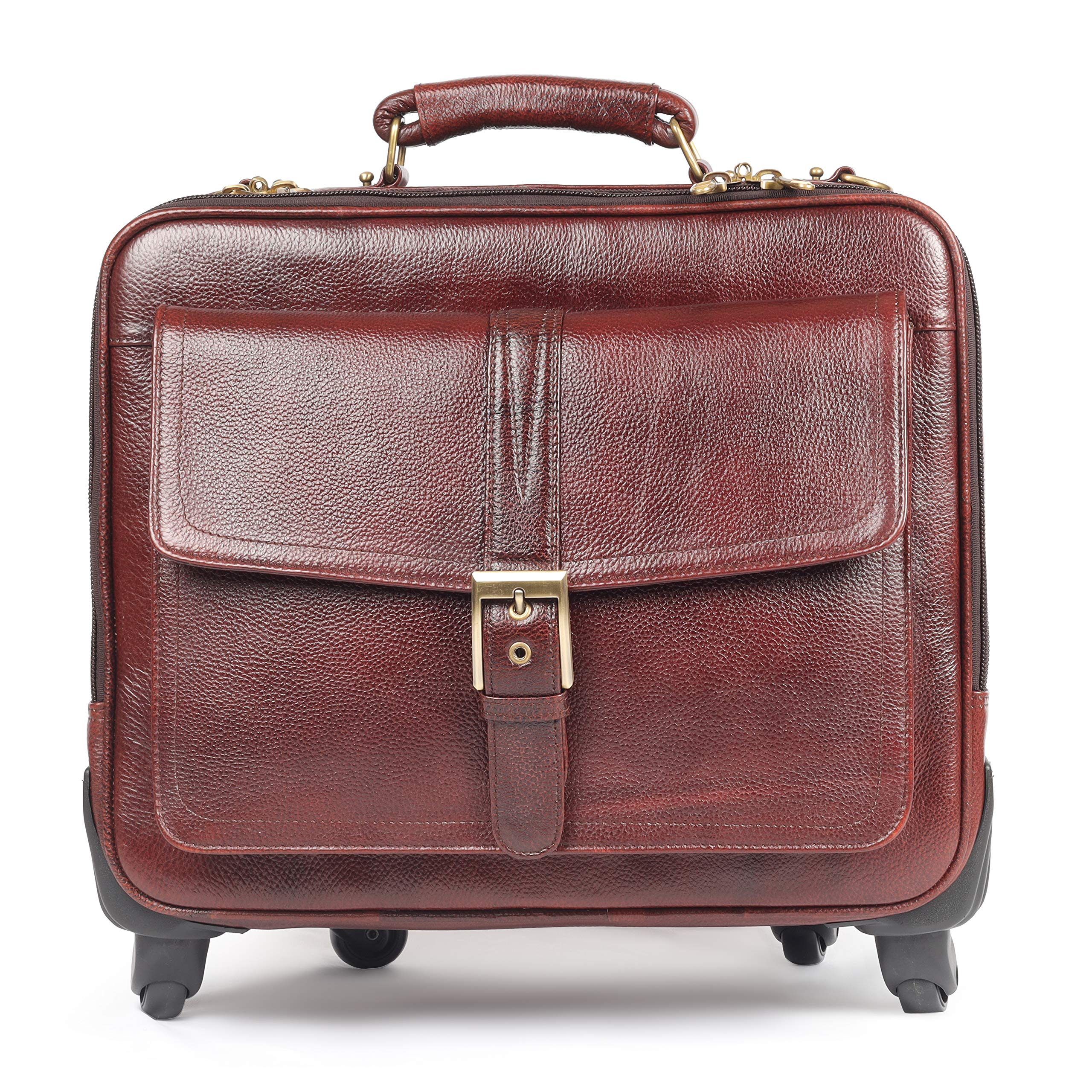 RICHSIGN LEATHER ACCESSORIES 18 Inch Brown Leather Laptop Roller Case 4 Wheels