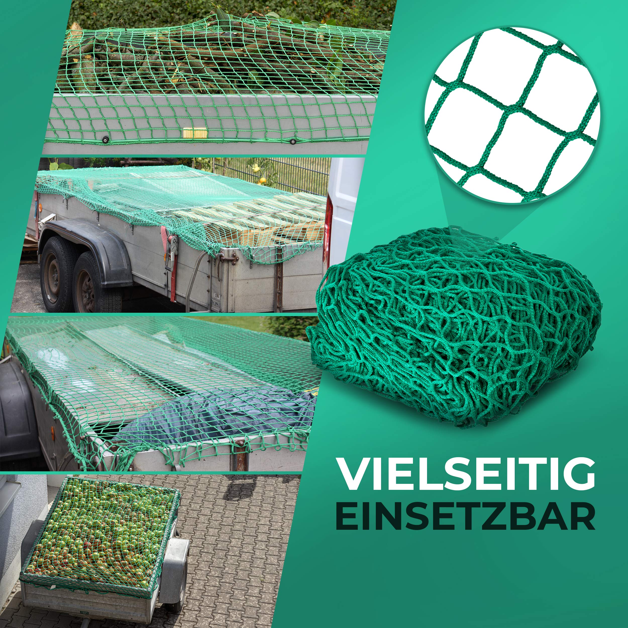 Heimwert Anhängernetz für Anhänger 4 x 3m - Extrem VERSTÄRKTES Anhänger Netz mit 8 Befestigungshaken I Ladungssicherungsnetz Ladungssicherung PKW Zubehör