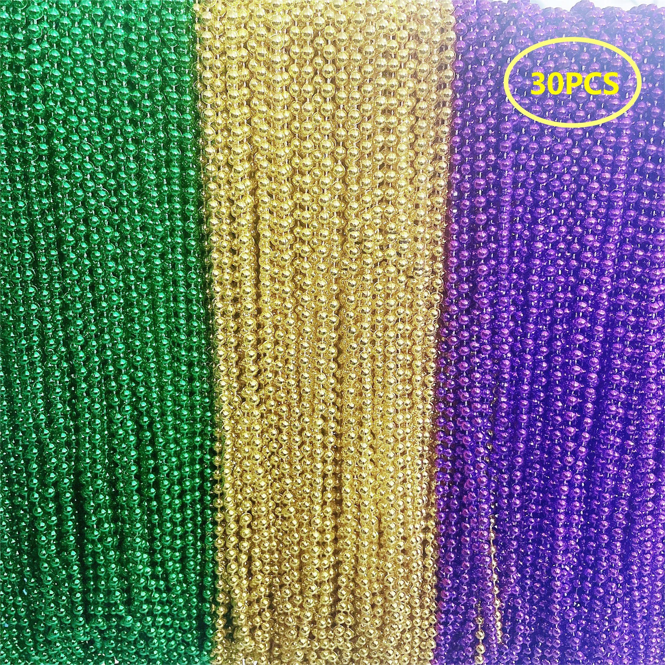 VLUV 30 Pack Mardi Gras Beads Necklace, Gold, Green, Purple Metallic Colors Necklaces Set for Mardi Gras Party Favors Supplies, Costume Accessories, Masquerade, Accessories, 7mm, Plastic, No Gemstone