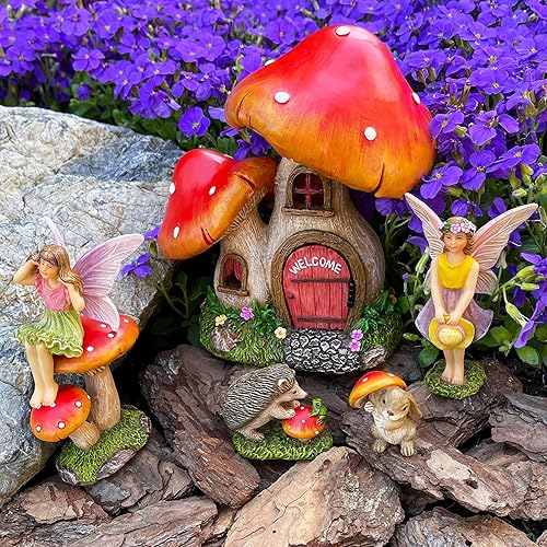 Miniatura 5 de Mood Lab Fairy Garden - Juego de 6 piezas de casa de hongos - Kit de figuras y accesorios en miniatura - para decoración al aire libre o de la casa