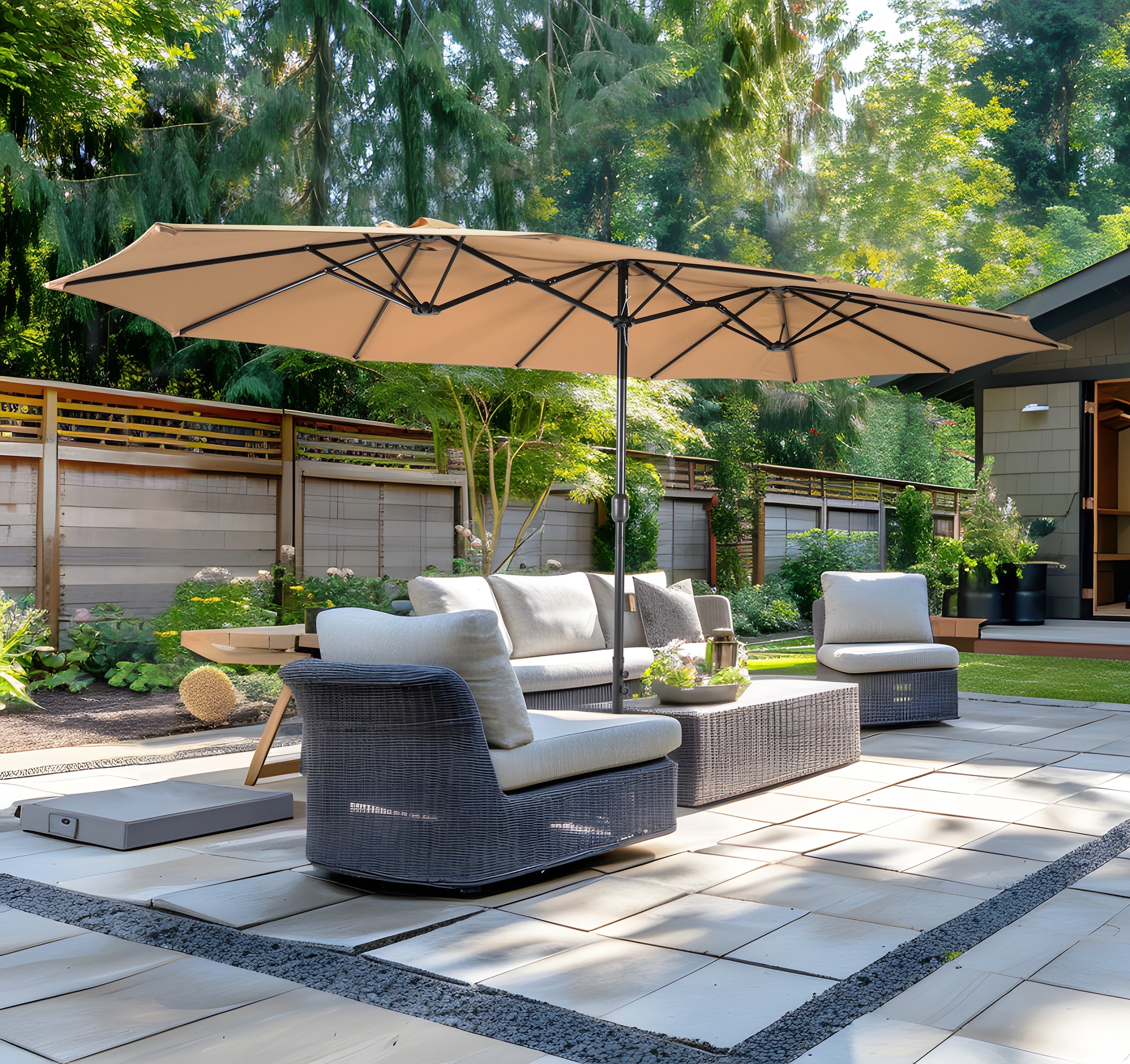 7 piece patio dining set with umbrella EROMMY 7-Piece Patio Dining Set, 6 Metal Slat Chairs & Rectangular Table w/  Umbrella Hole