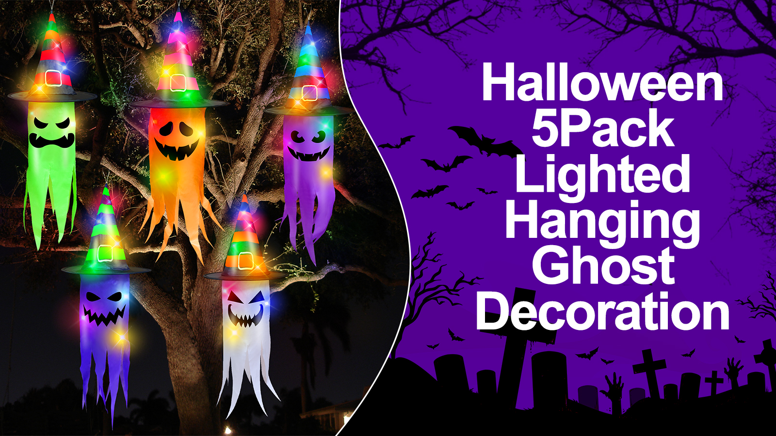 Wzone Halloween Décoration Extérieure Lumière Orange, 5 Pièces Fantôme Suspendu Avec Chapeau De Sorcière, Décoration Lumières Halloween Guirlande Lumineuse Décor Pour L'extérieur Intérieur