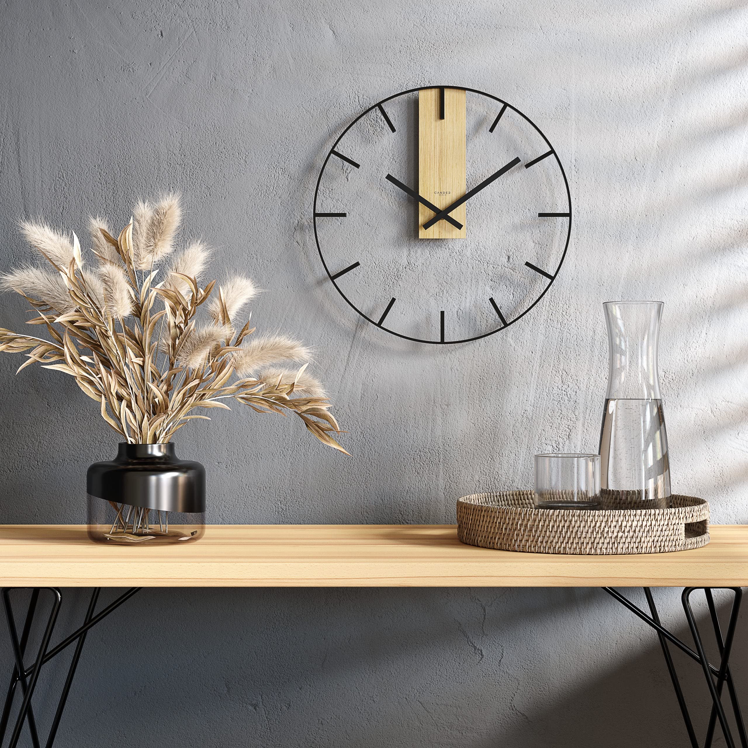 Cander Berlin UNDIS XXL Vintage Wanduhr lautlos 60 cm Metall Holz Eichenurnier ohne Tickgeräusche groß modern schwarz Wohnzimmer