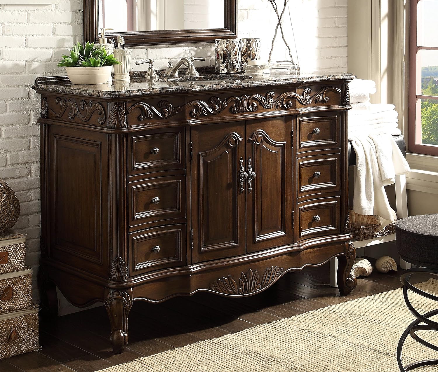 42'' Brown Marble Double Sink Freestanding Vanity