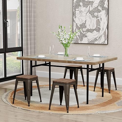 Miniatura 7 de Andeworld Juego de 4 taburetes de 18 pulgadas, sillas de comedor de metal industrial con asiento de madera, taburetes cortos de cocina apilables 18