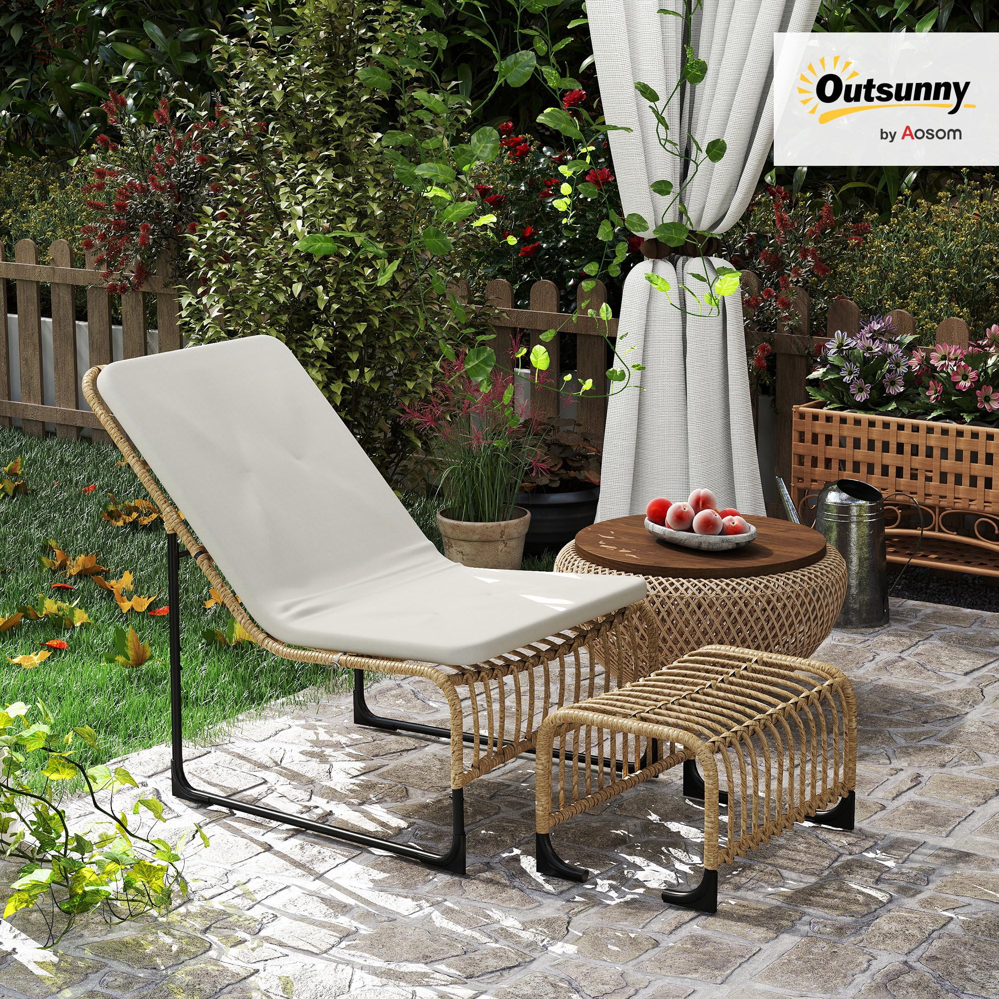 Outsunny Conjunto de Sillón de Jardín con Reposapiés de Ratán Sintético, Sillón para Exterior con Estructura de Acero y Cojín Acolchado, Natural y Beige