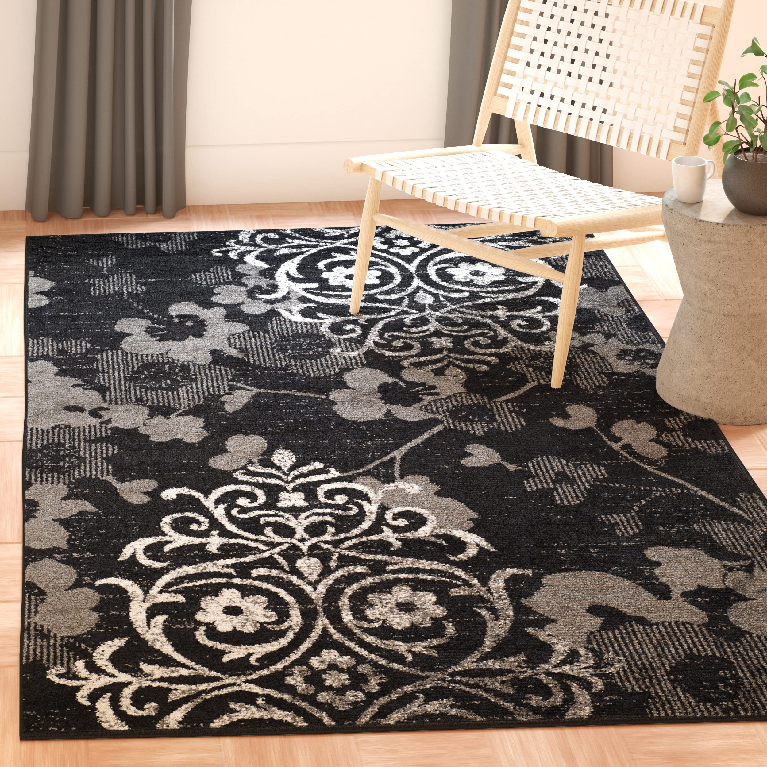 Safavieh Floral Glam Damask Indoor Woven Rectangle Area Rug, Adirondack Collection, ADR114, in Black / Silver