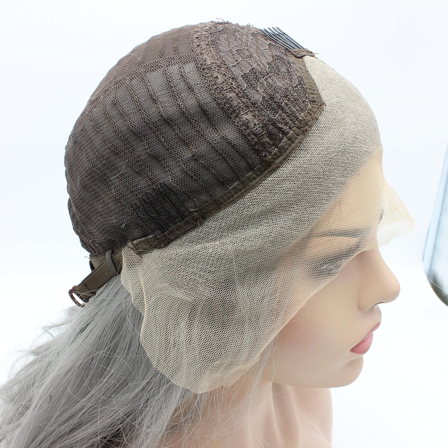 MX angel Long Wavy Gray Synthetic Lace Front Half Hand Tied Heat Friendly Fiber Grey Natural Wig