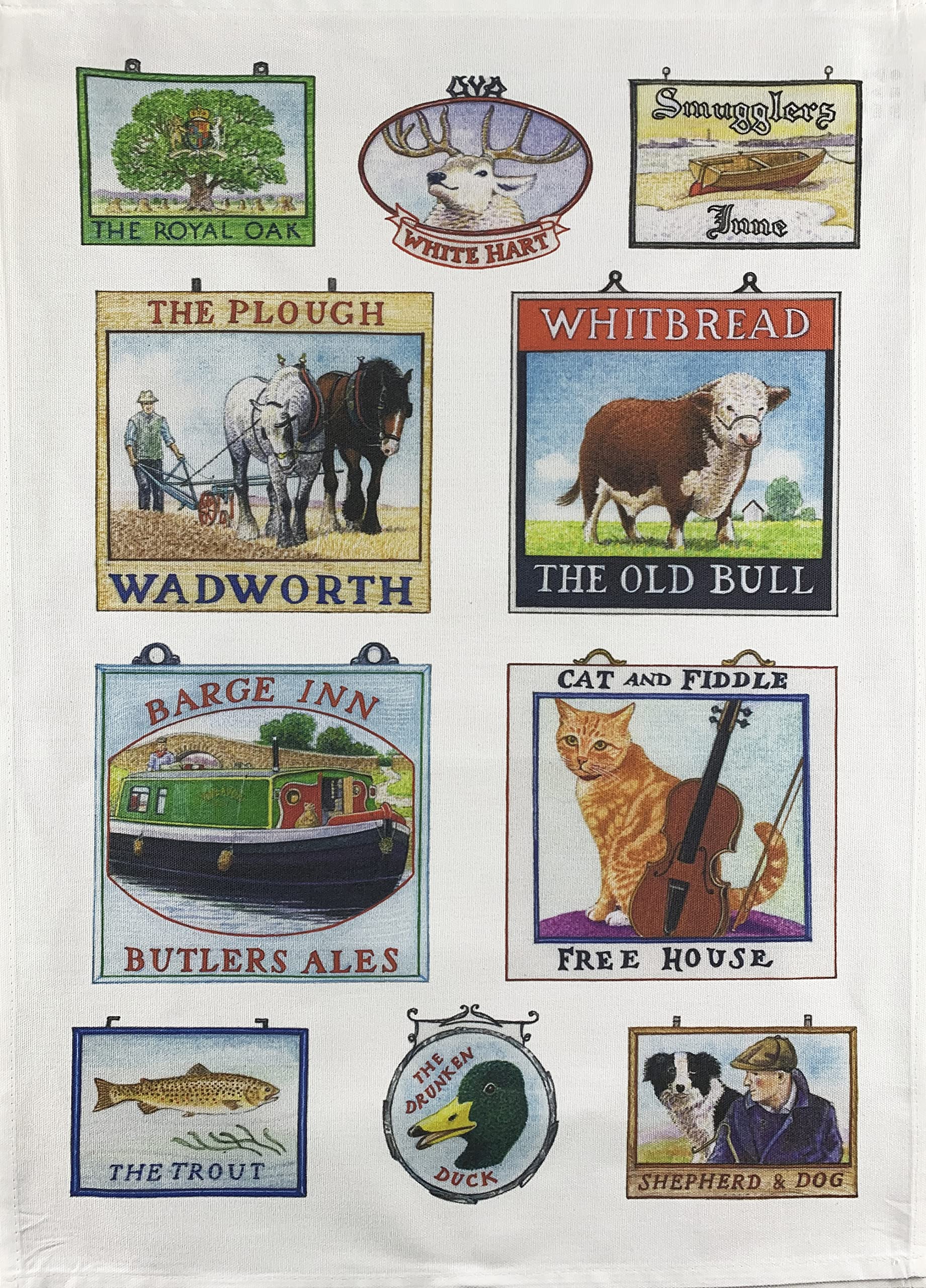 Half A Donkey White Hand Drawn British Country Pubs Signs Large Cotton Tea Towel