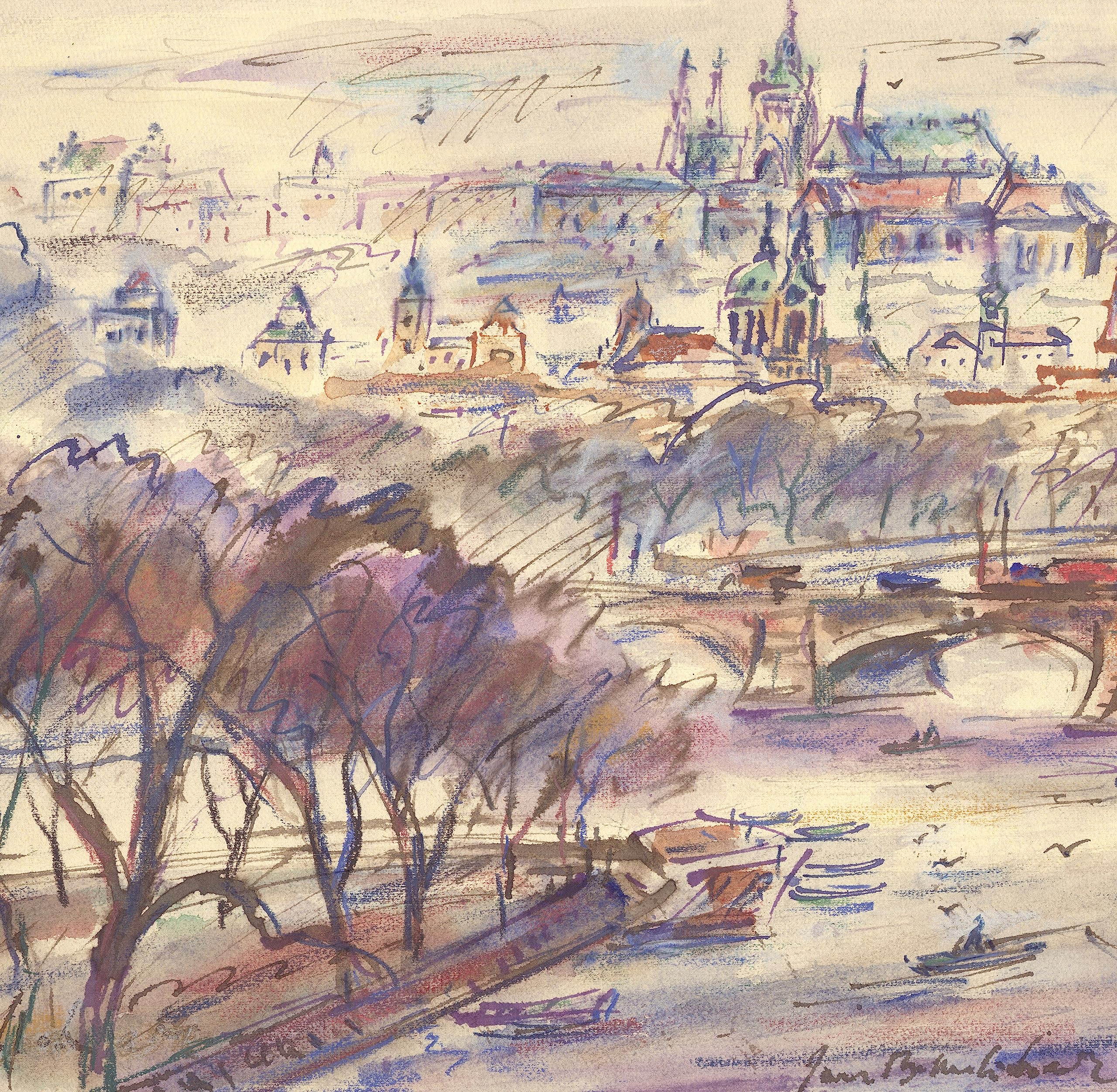 Jan B. Melichar PRAGA AQUARELL plakat | Wyspa Strzelecka i Hradczin | ręcznie robione farby akwarelowe Pragi, wyjątkowy obraz, oryginalne dzieło