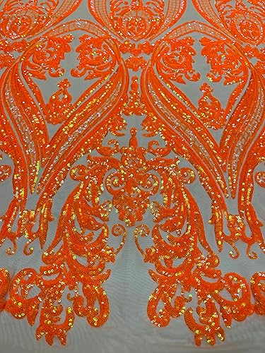 Miniatura 2 de The Yard - Diseño de damasco imperio con lentejuelas bordadas en una tela de malla elástica de 4 vías (naranja iridiscente sobre malla nude)