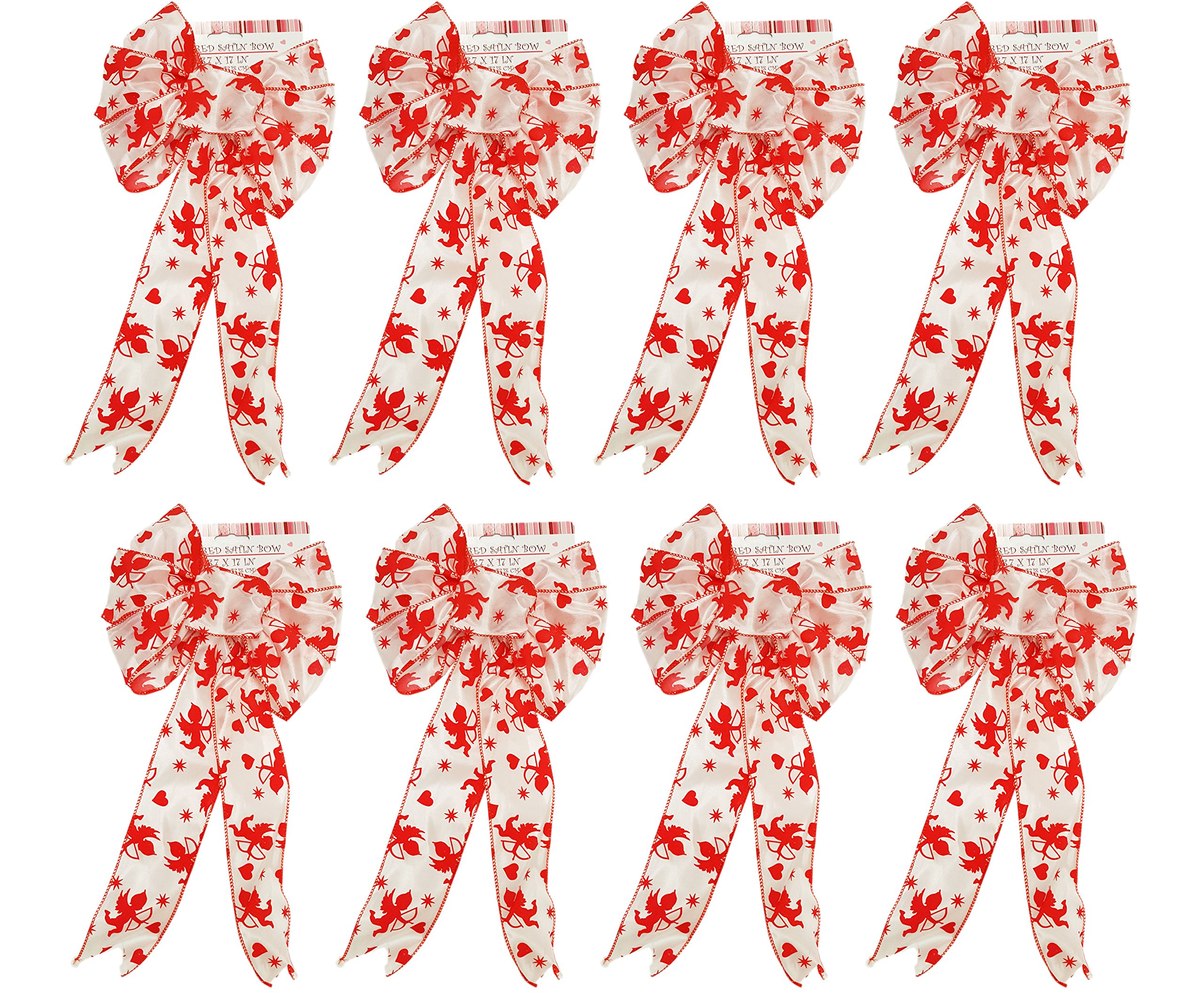 8 Valentines White Wired Satin Bows with Red Cupid Design!