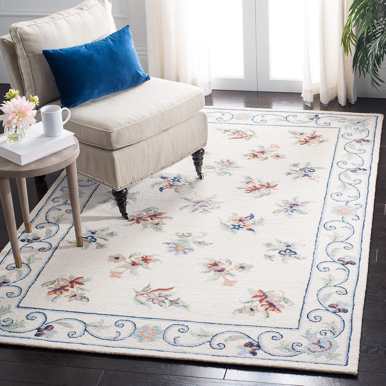 SAFAVIEH Area Rug 8x10 - Micro-Loop Collection - Large - Ivory & Grey, Handmade Wool, Floral Design, Ideal for Living Room, Bedroom, Office, Dining Space (MLP376A)