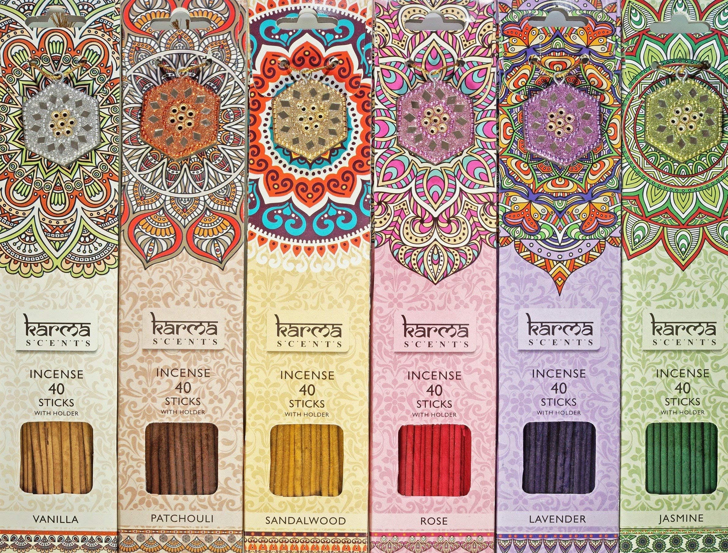 Premium Incense Sticks 6 Set Gift Pack: Vanilla, Patchouli, Sandalwood, Rose, Lavender, Jasmine and Ylang Ylang with a Sparkly Holder in Each Box 240 Sticks, by Karma Scents