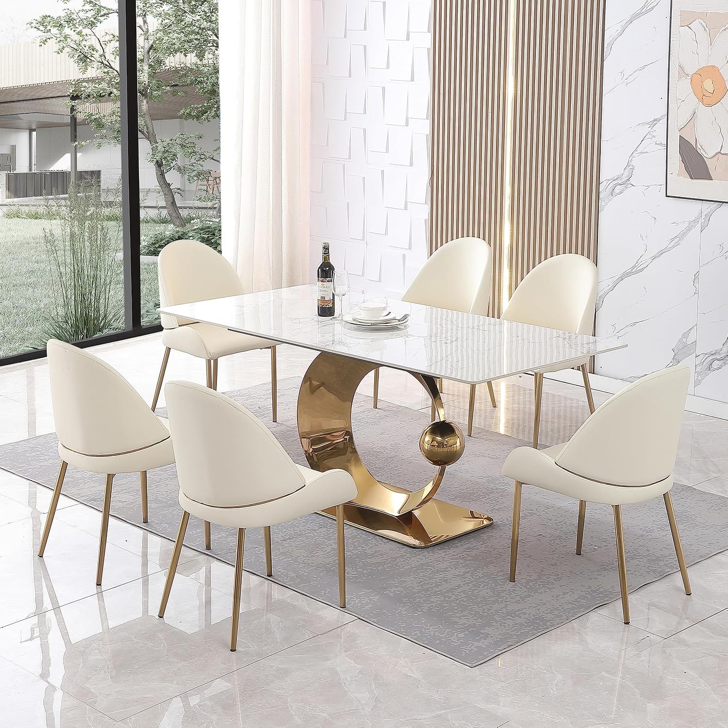 71 Inch Stone DiningTable with Carrara White Color and Round Special Shape Carbon Steel Pedestal Base with 6PCS Chairs XX52