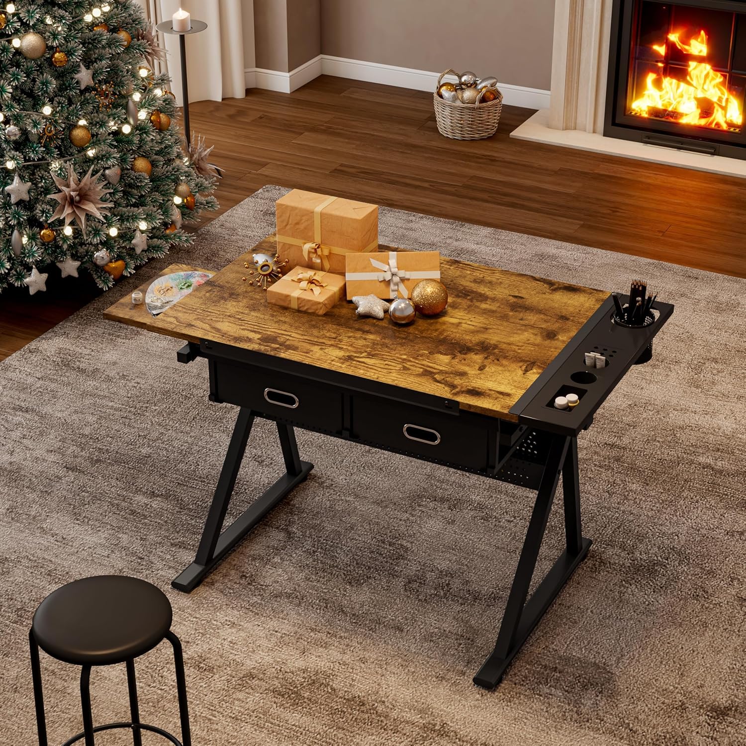 Height Adjustable Drafting Table with Stool, 0-75° Tilting Drawing Desk Artist Desk with 2 Storage Drawers, Watercolor Art Workstation for Home Office Drawing, Painting, Crafting, Writing, Sketching