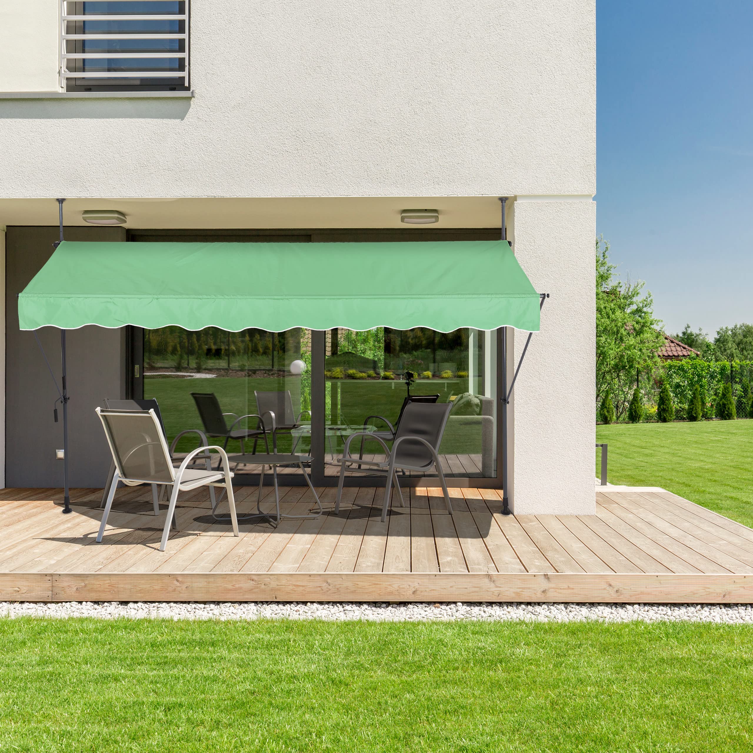 Relaxdays Klemmmarkise, 300 cm breit, höhenverstellbar, ohne Bohren, UV-beständig, Sonnenschutz Balkon, grün/grau Garten