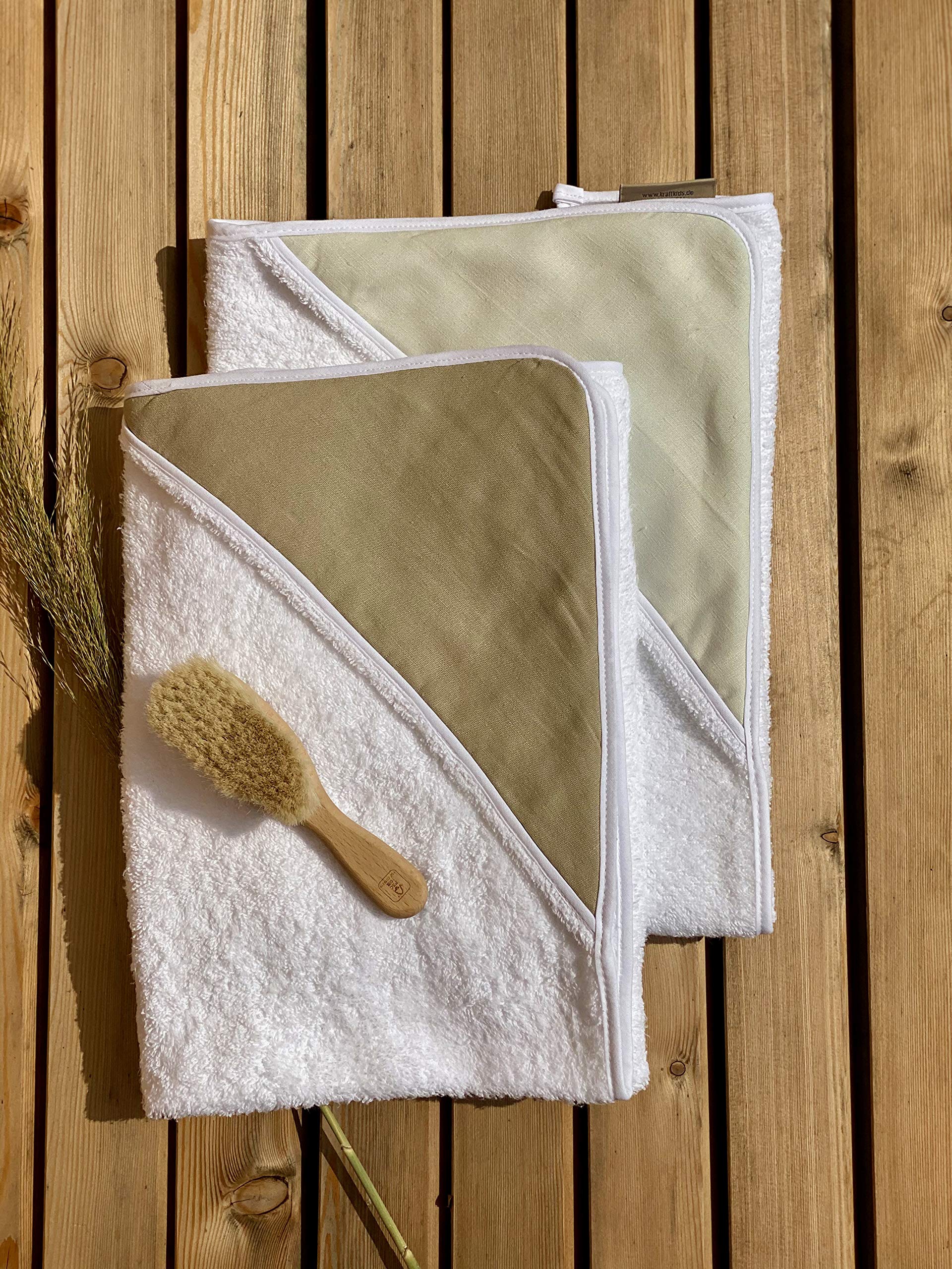 KraftKids Cape de Bain à Capuche Lin Naturel Marron Serviette de Bain à Capuche pour Bébé et Enfant en Coton 75x75cm