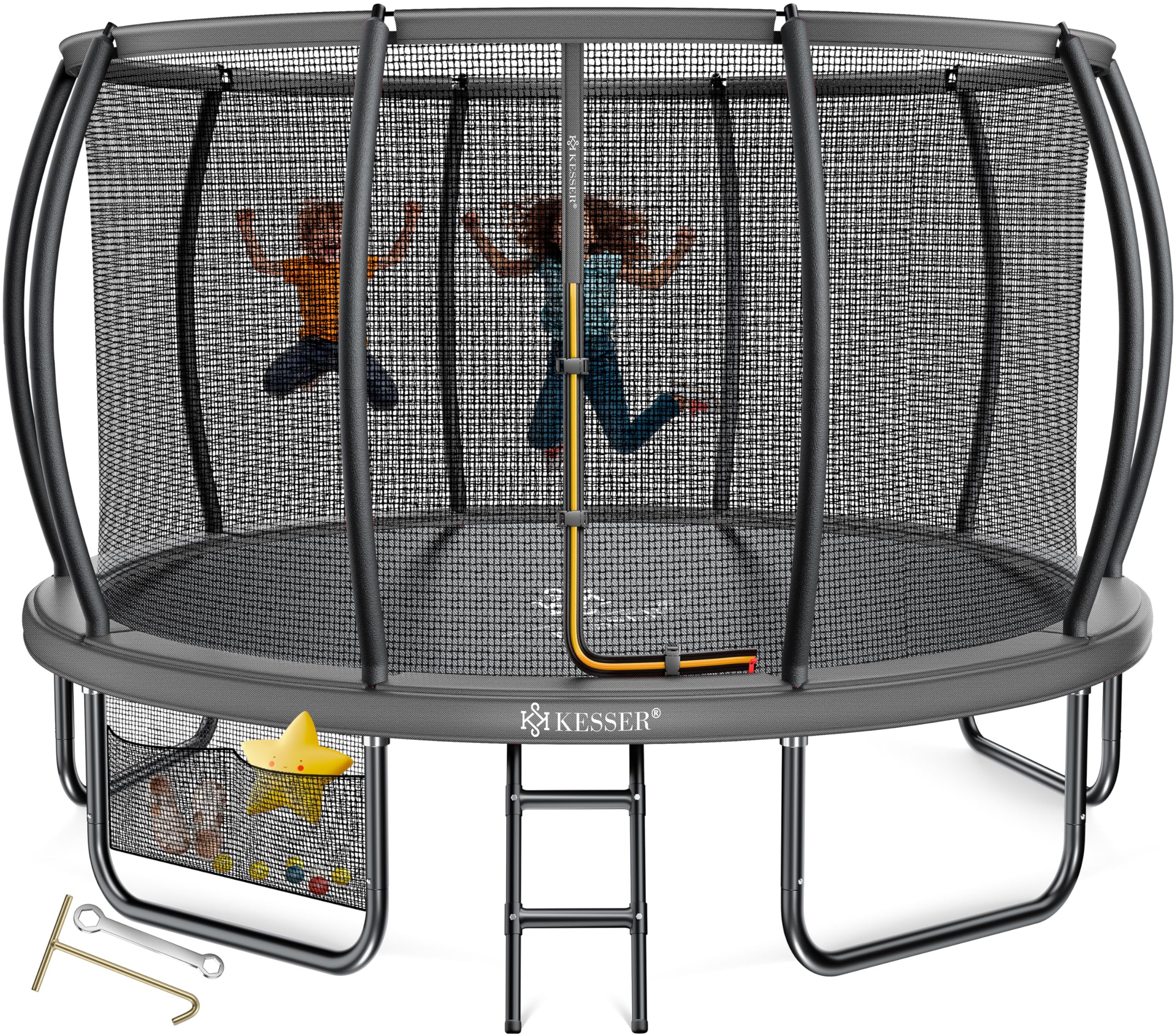 KESSER® Trampolin Outdoor Ø 244/305/366/427 cm, GS-Zertifikat, Gartentrampolin für Kinder & Erwachsene <150 kg mit Sicherheitsnetz, inklusive Tasche, Leiter, Randabdeckung & gepolsterten Netzstangen